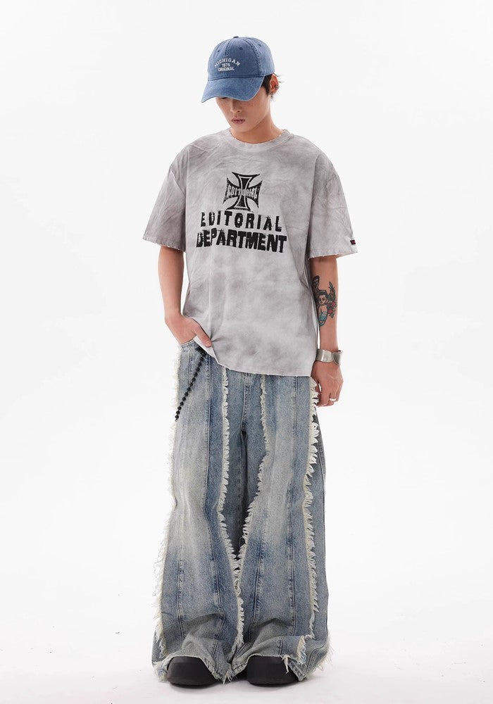 【BTSG】Fringe full design distressed broken dull blue denim pants  BS0023