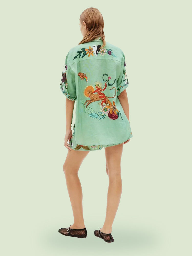 Unique Ethnic Print Loose Shirt And Shorts Set