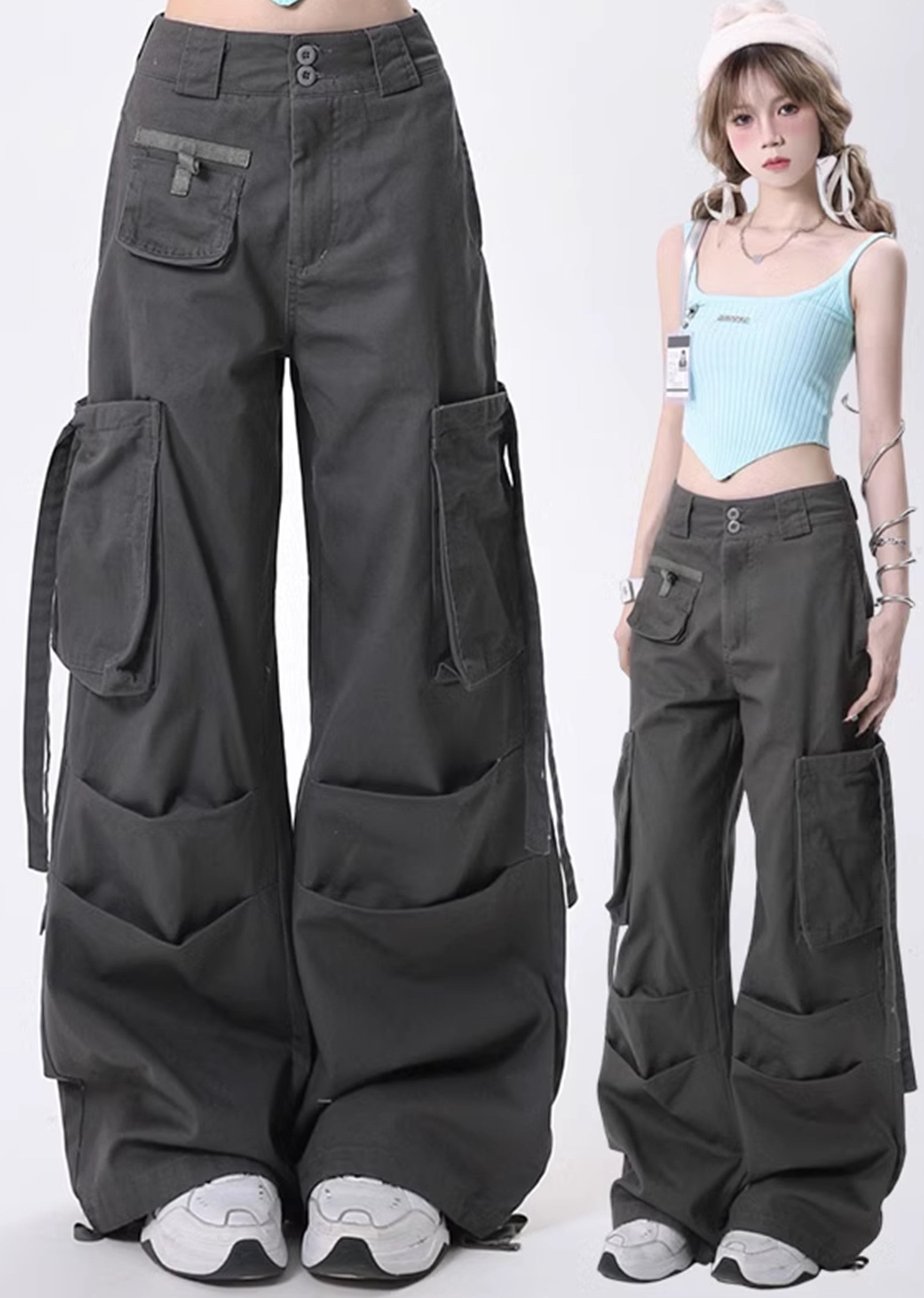 【Rayohopp】Suspender design loose silhouette double cargo collar pants  RH0121