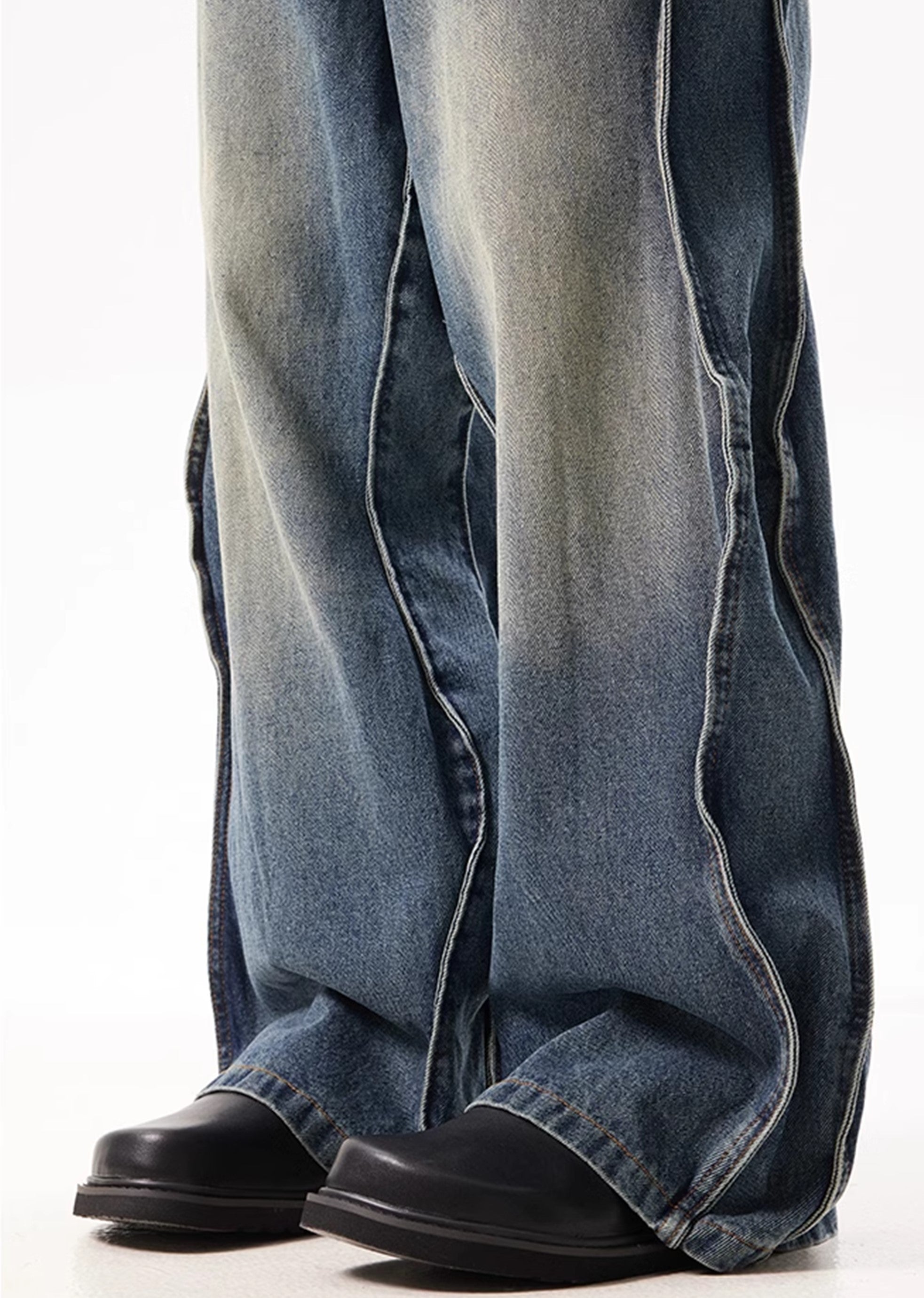 Unique side design line basic blue denim pants