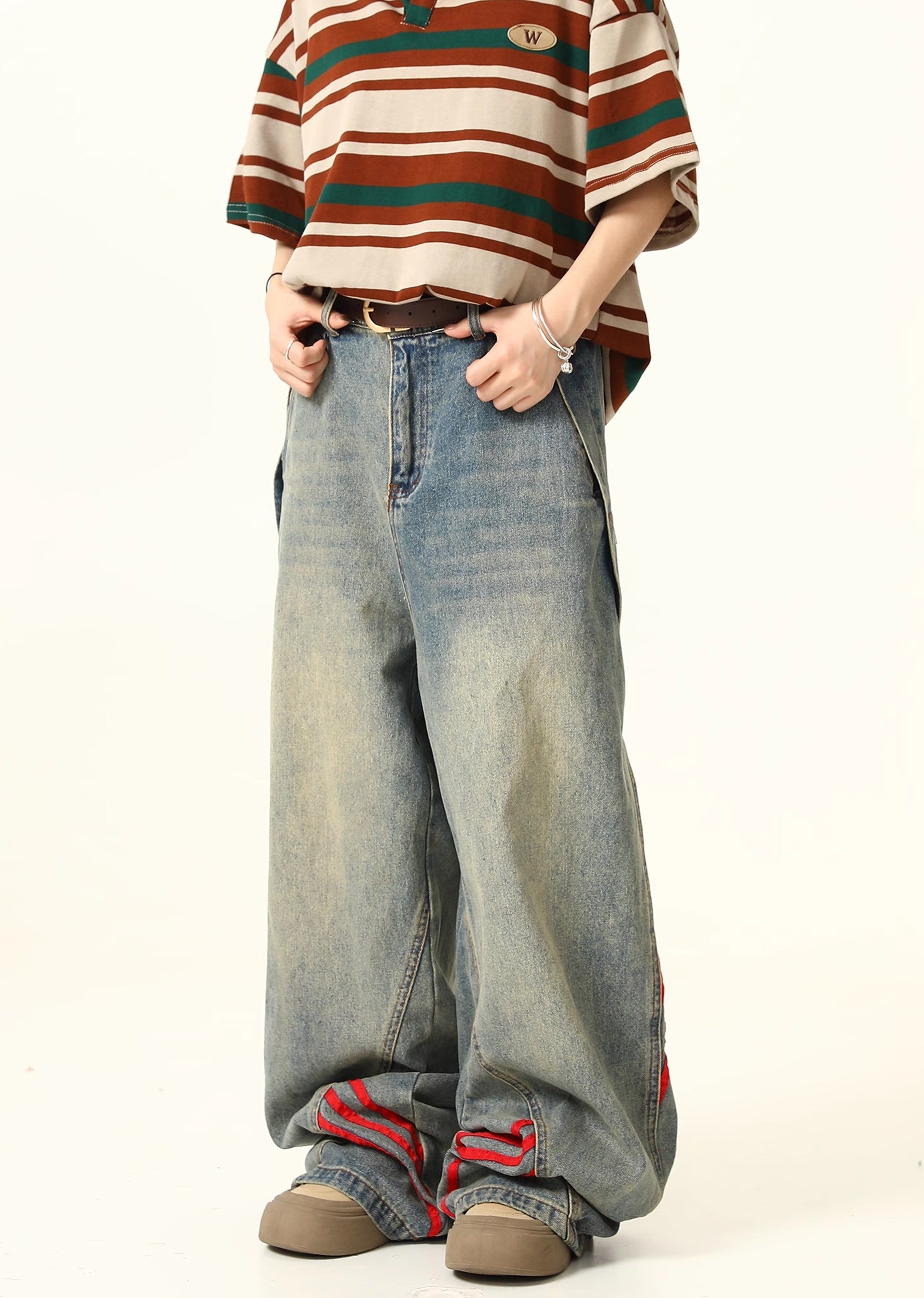 【7/15新作】Double Red Line Design Washed Denim Pants  HL3060