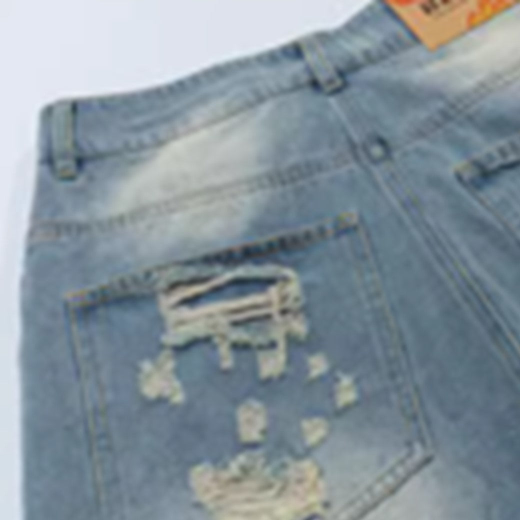 [NIUGULU] Distressed wide silhouette spider design denim pants NG0034