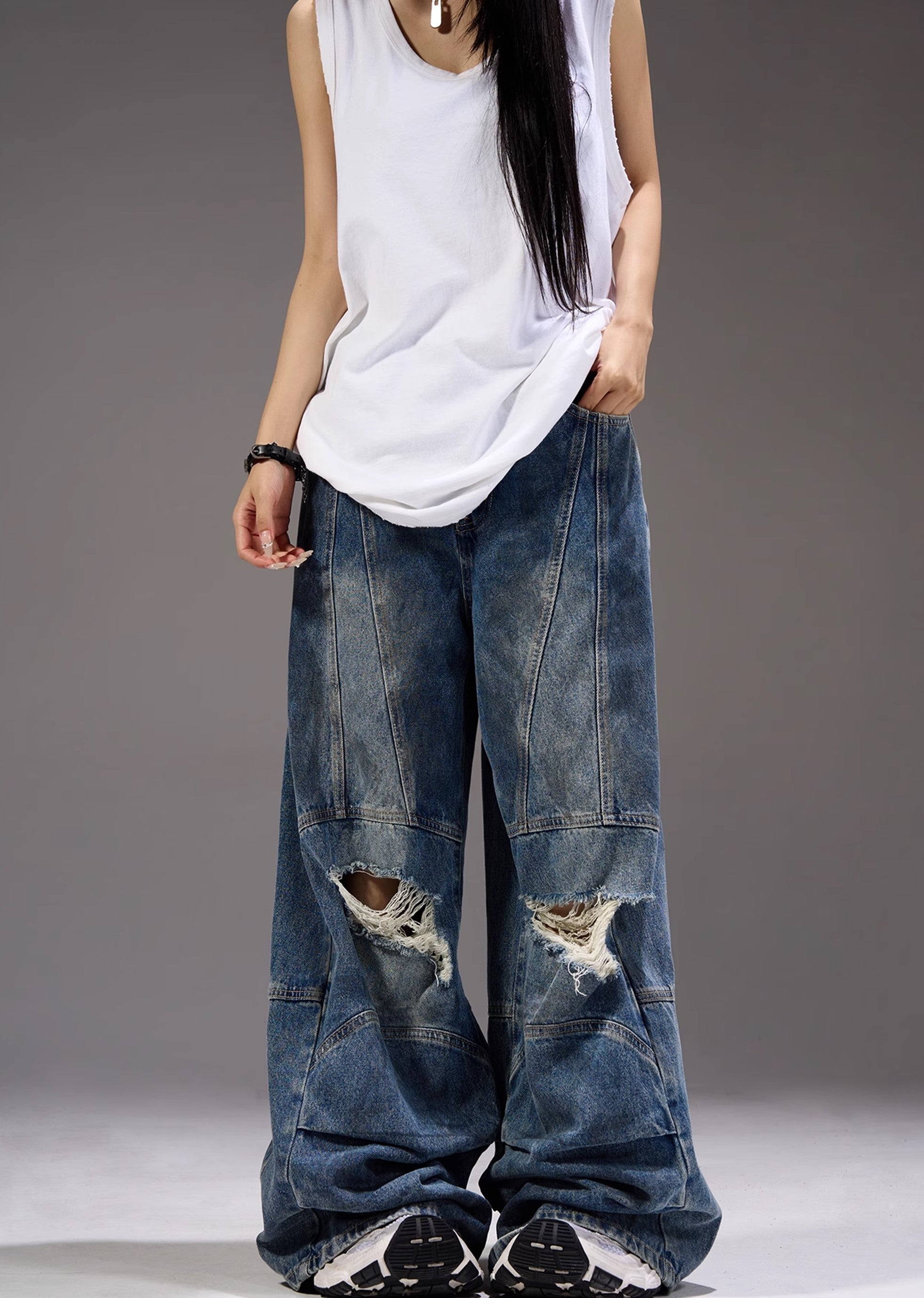 【MAXDSTR】Dull knee damage processing mid-light wide straight denim pants  MD0155