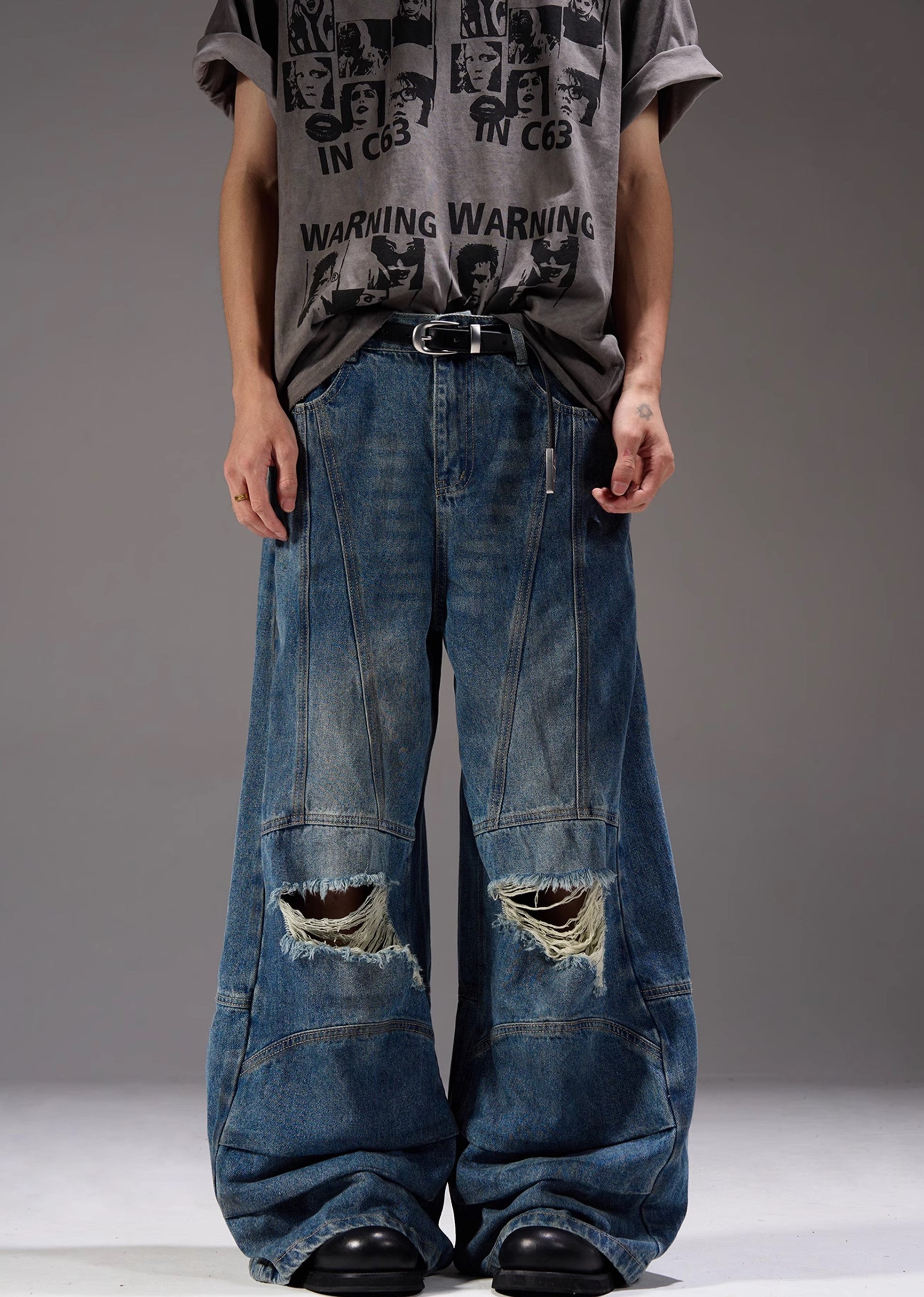 【MAXDSTR】Mid-length distressed dull blue wide denim pants  MD0160