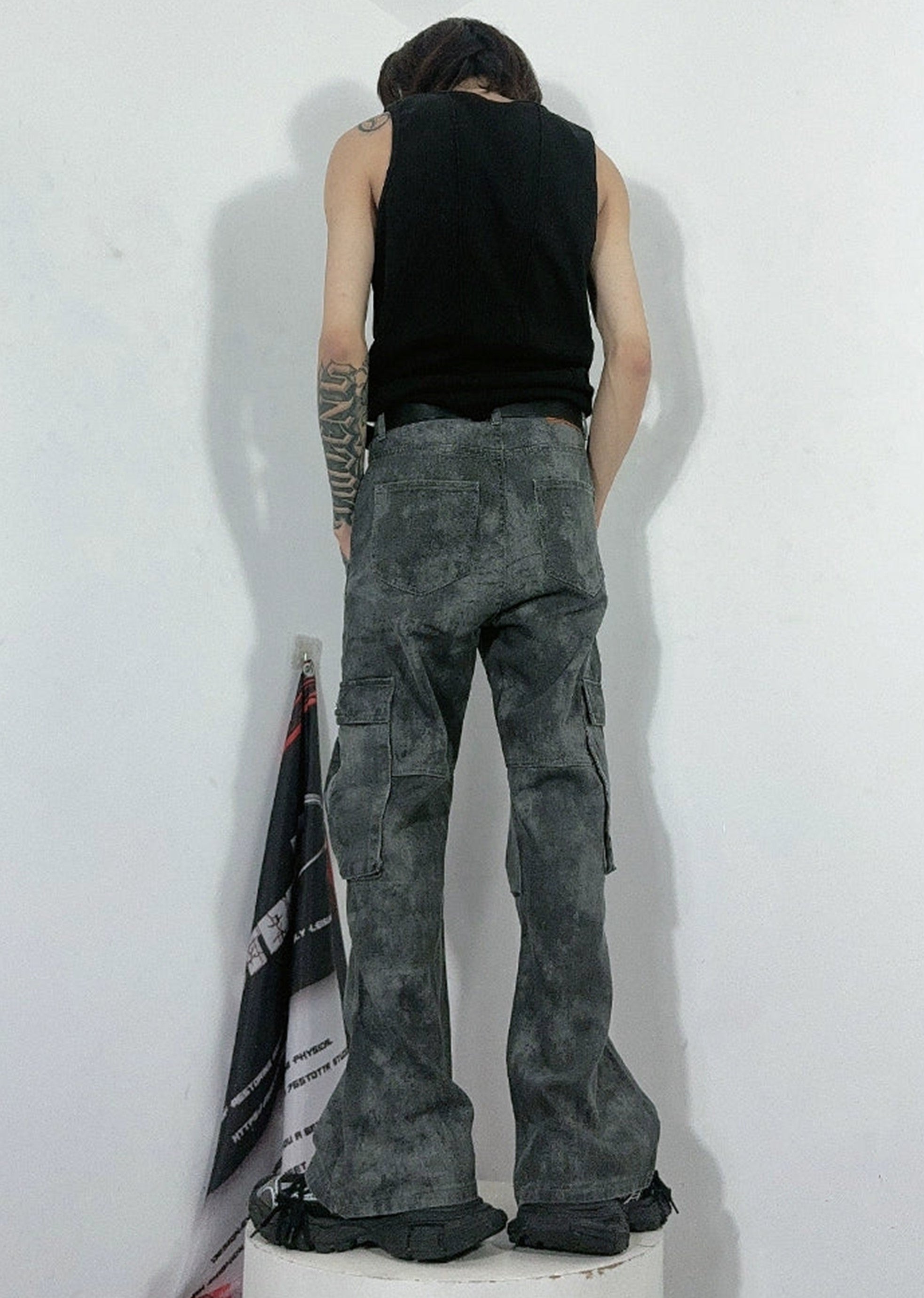 [76street] Dull grunge style vintage processed slim cargo denim pants ST0003