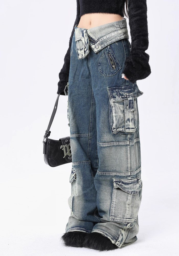 【ROY11】Random wash gimmick design cargo denim pants  RY0010