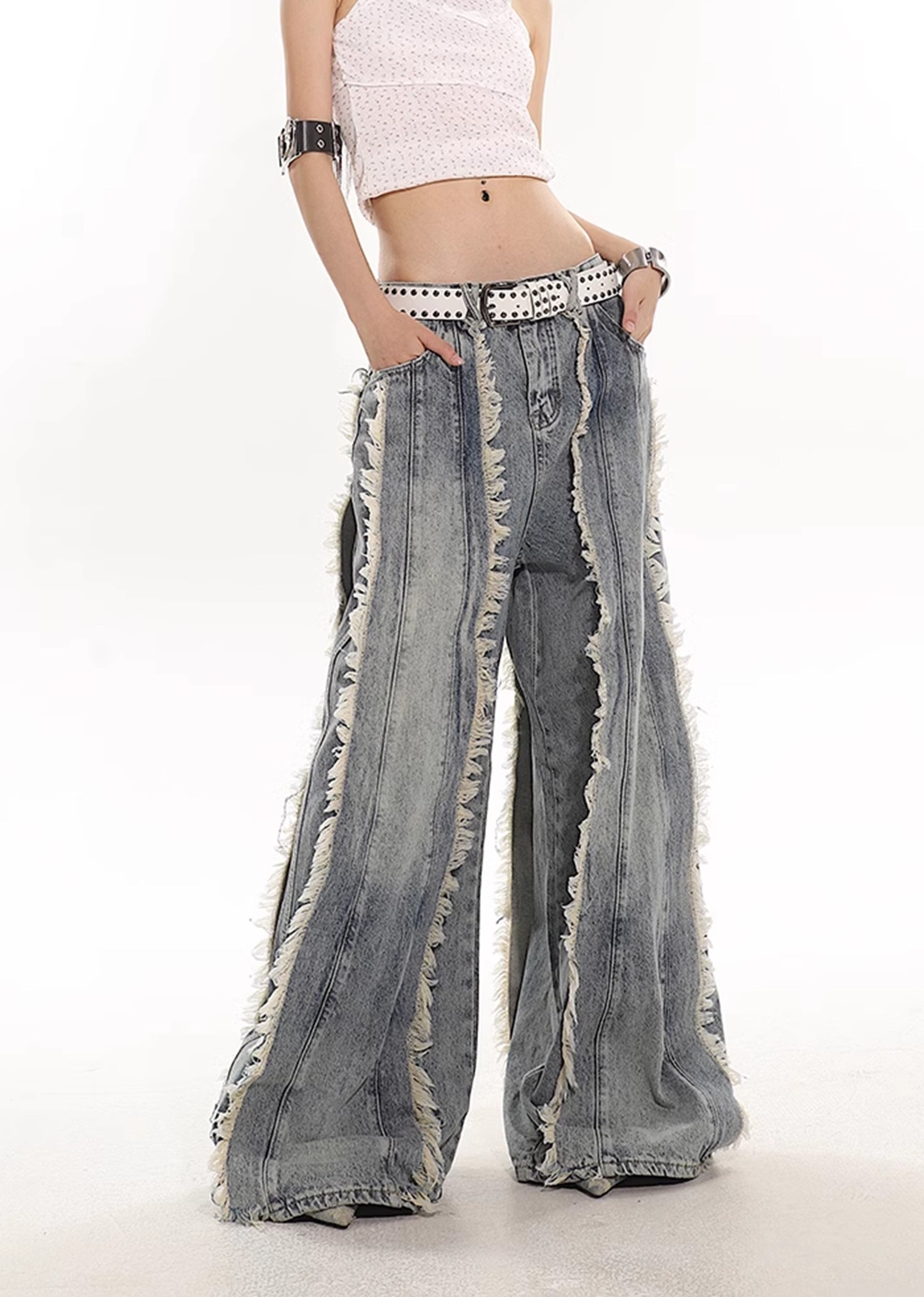 【UNCMHISEX】Fringe distressed dull blue wide silhouette denim pants  UX0027