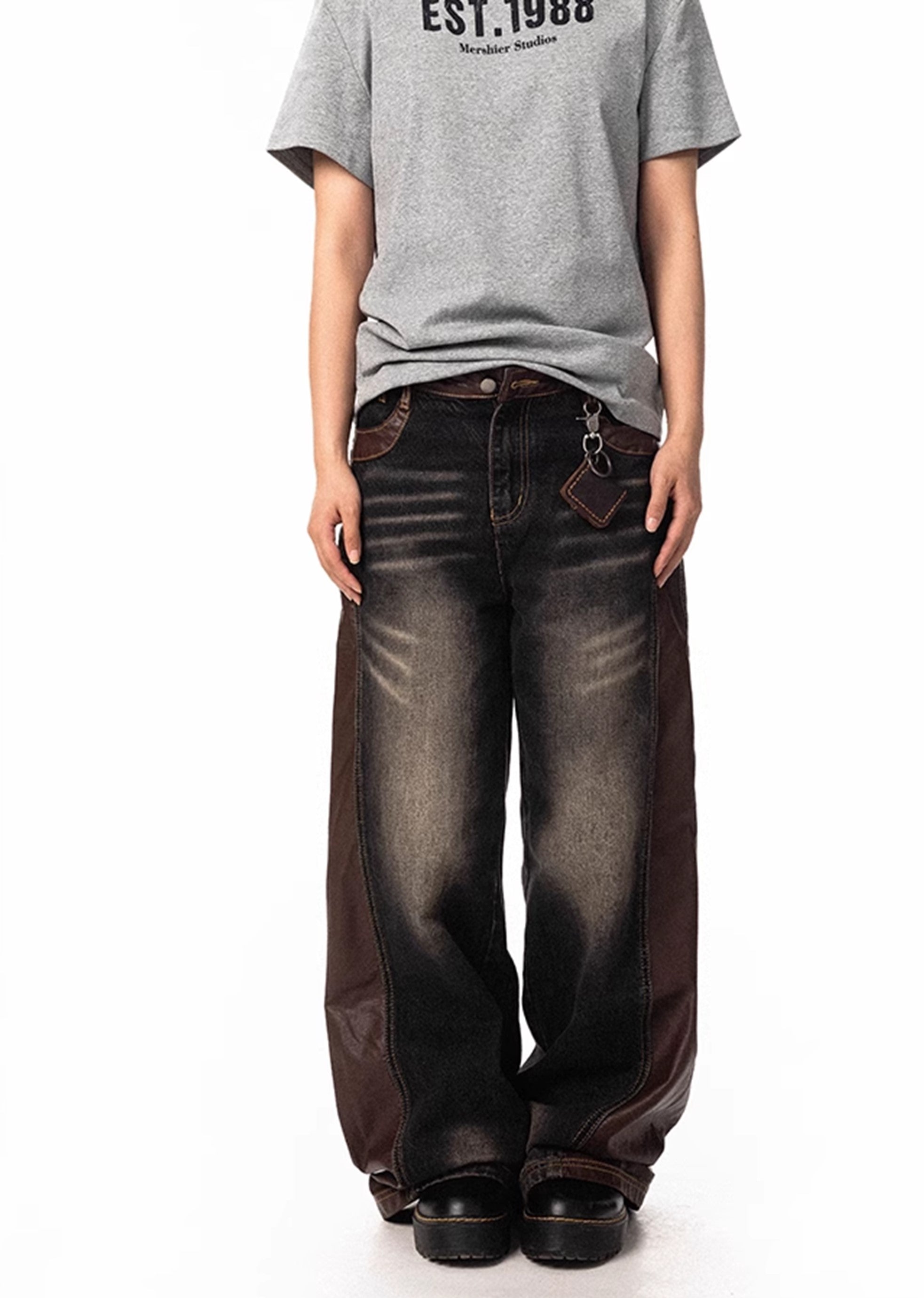 【BLACK BB】Dull mid-wash wide silhouette denim pants  BK0024