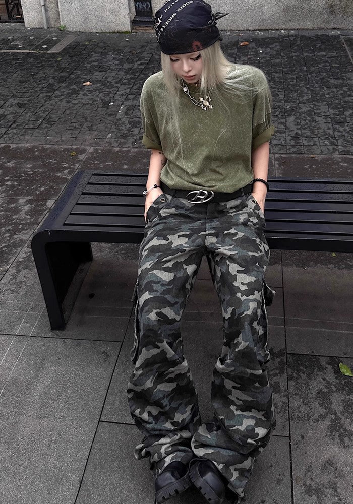 【TR BRUSHSHIFT】Simple camouflage design slim wide silhouette pants  TB0039