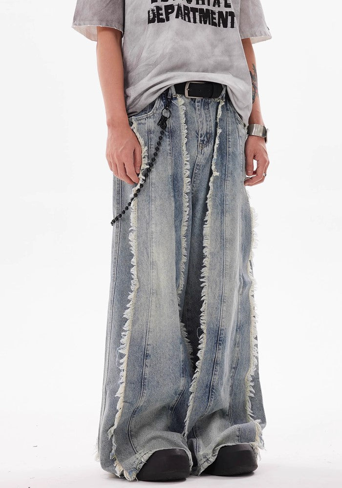 【BTSG】Fringe full design distressed broken dull blue denim pants  BS0023