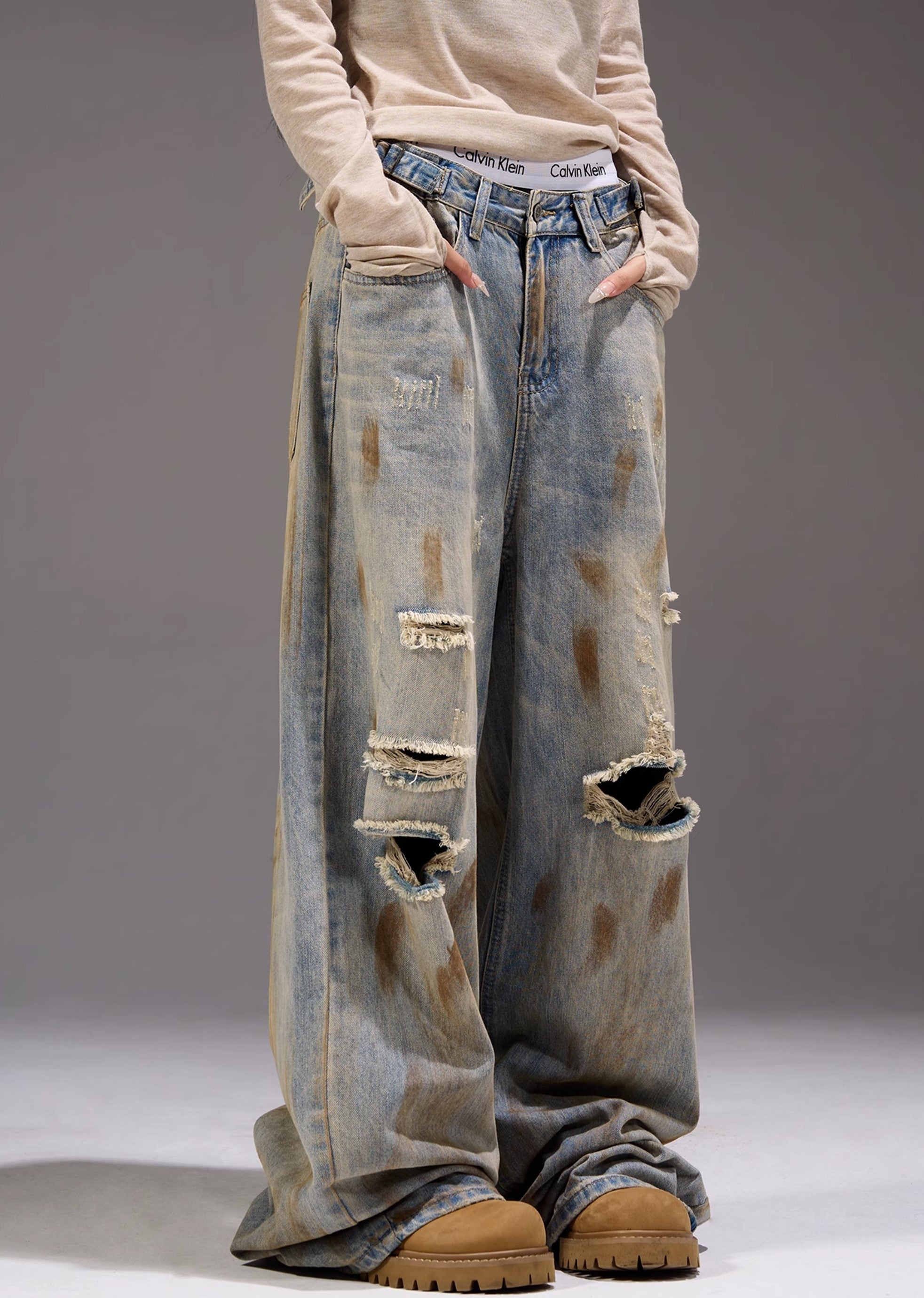 【MAXDSTR】Myriad middle distressed dull wide denim pants  MD0159