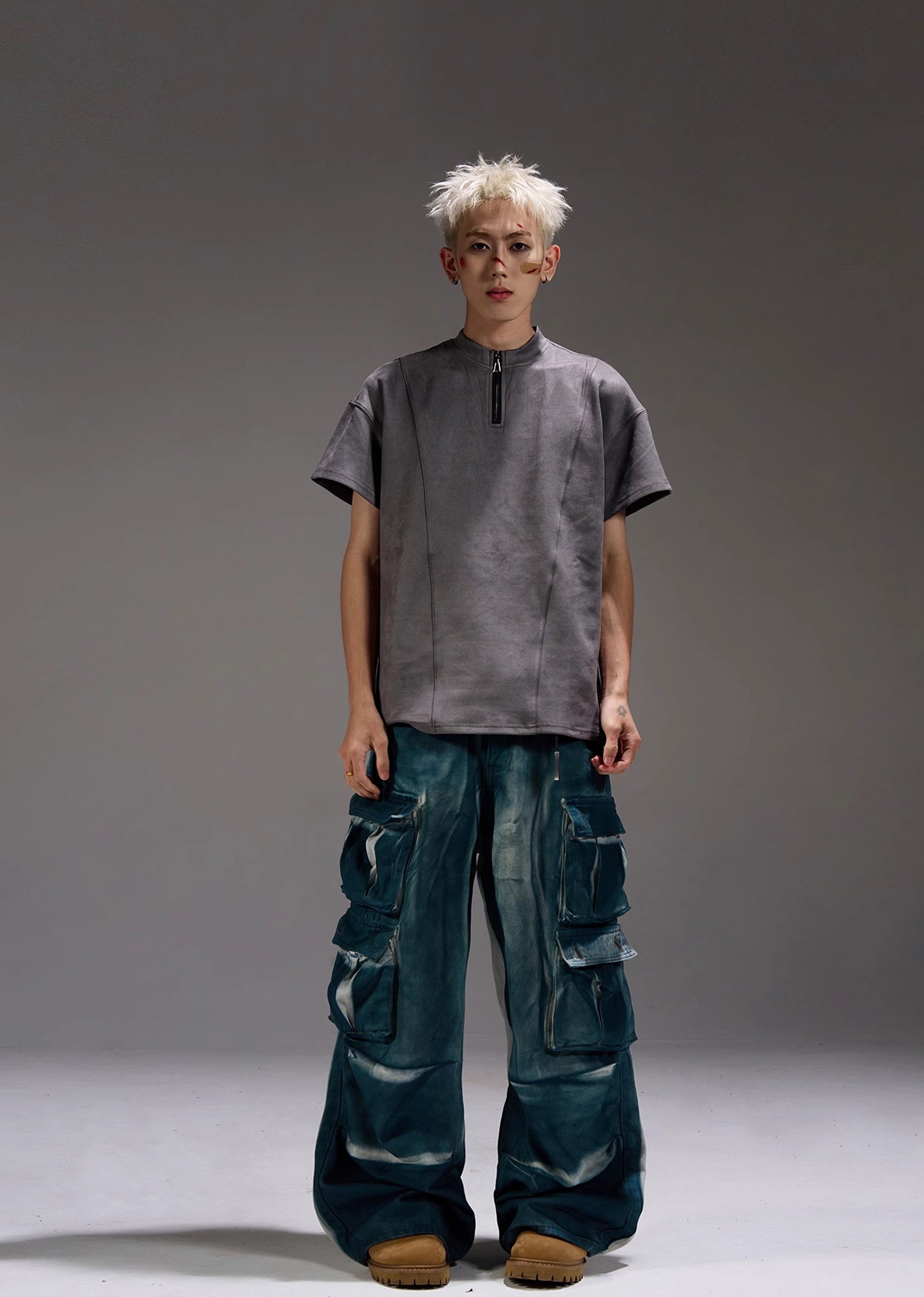 【MAXDSTR】Glossy gimmick fabric glossy design cargo denim pants  MD0162