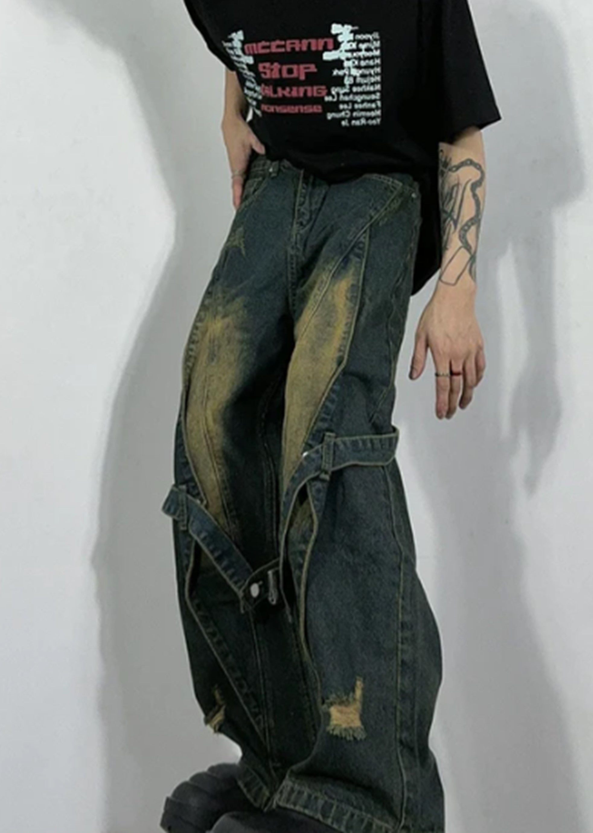 [76street] Dull washed vintage style suspender denim pants ST0008