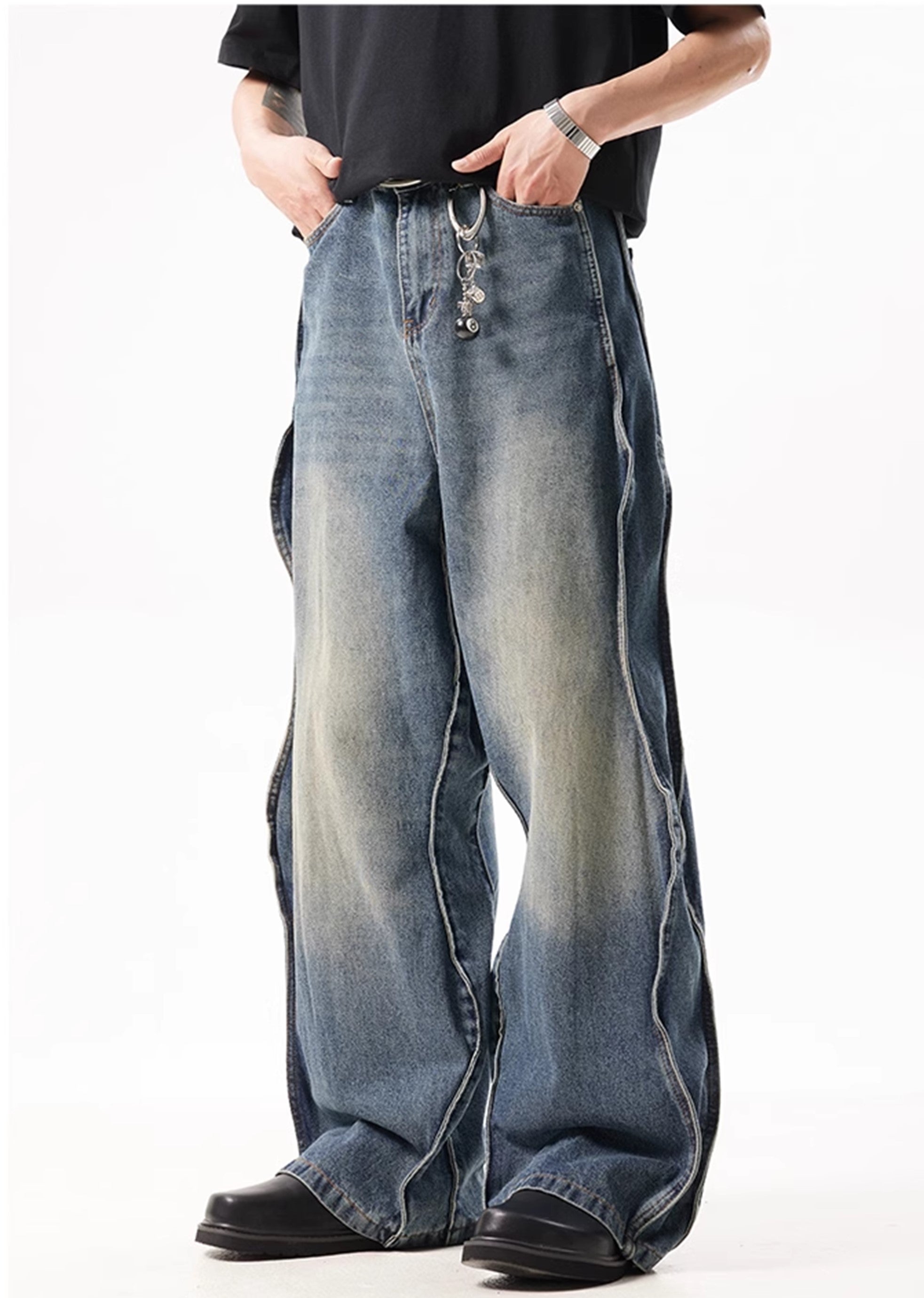 Unique side design line basic blue denim pants