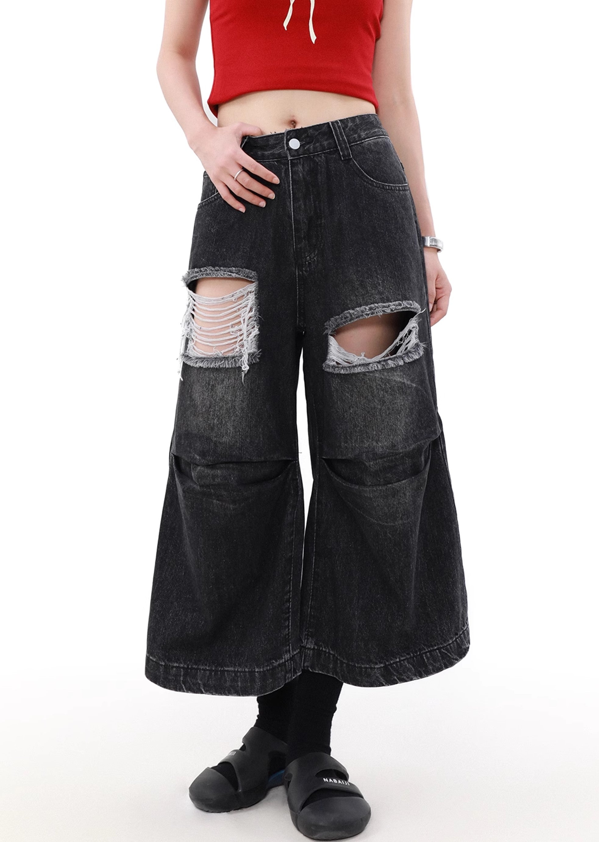 【MR nearly】Frayed double damage short silhouette denim pants  MR0118