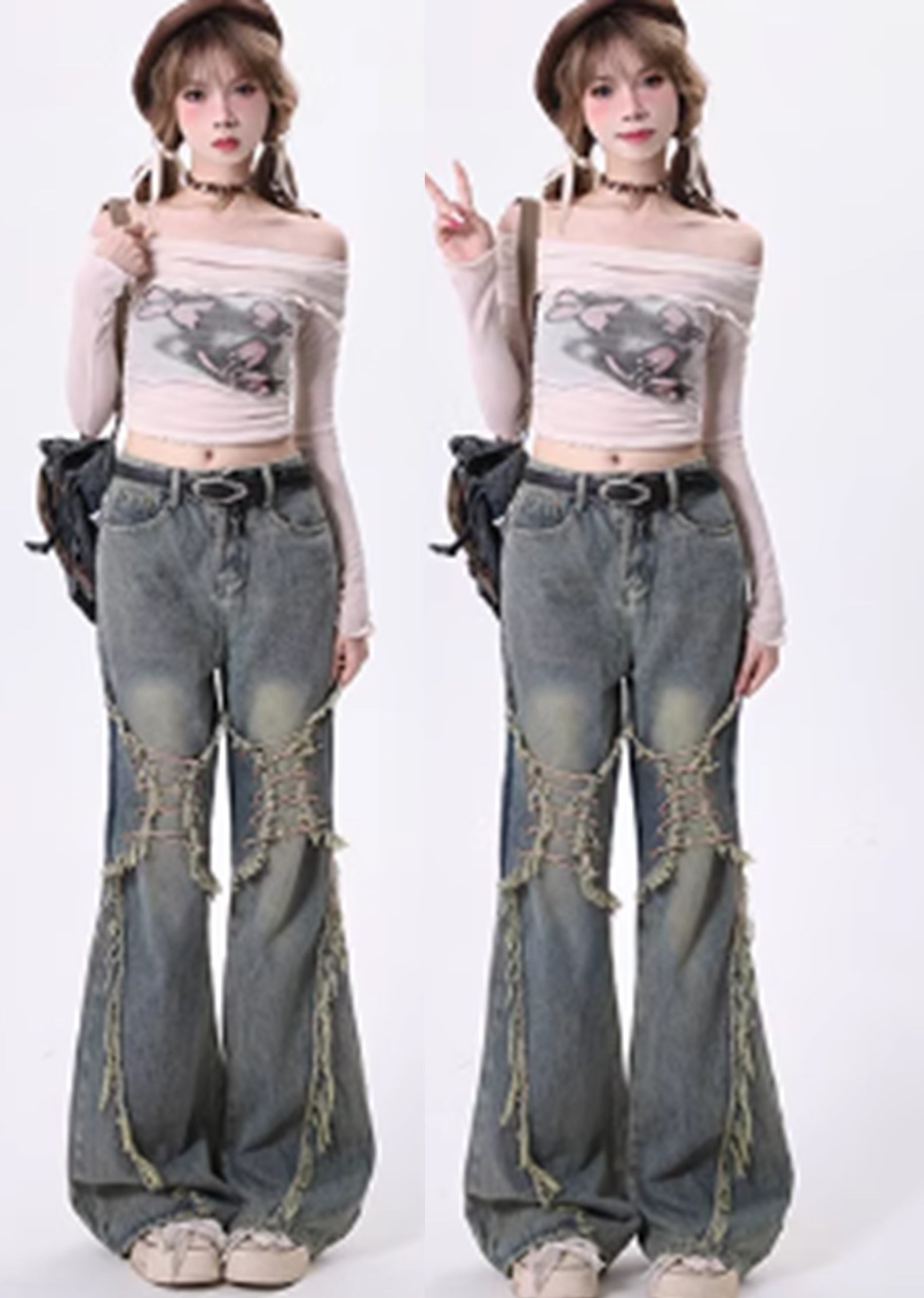 【Rayohopp】Knee fringe shopper design flared denim pants  RH0118