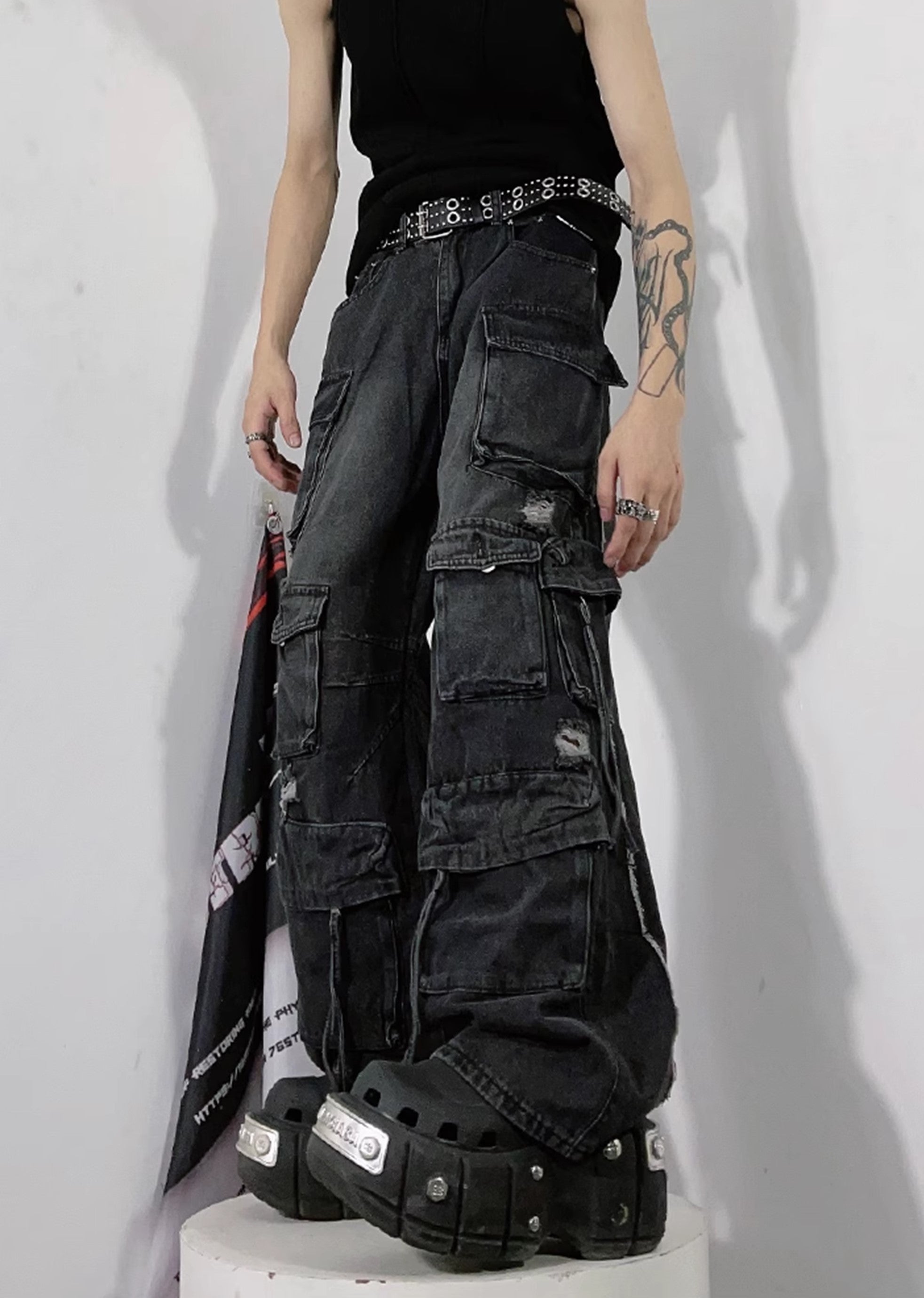 [76street] Countless pocket design dull vintage cargo rise denim pants ST0005