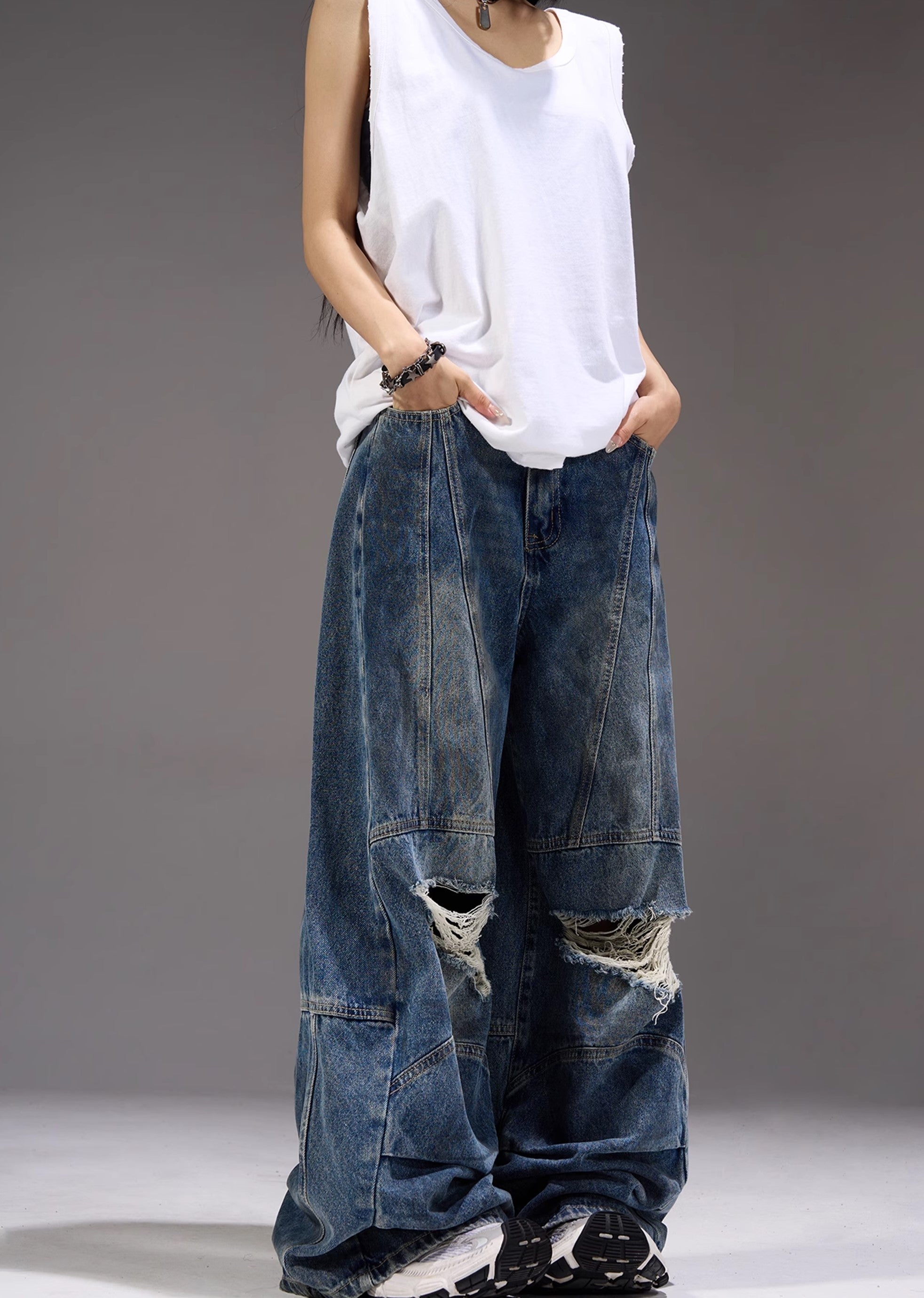 【MAXDSTR】Dull knee damage processing mid-light wide straight denim pants  MD0155