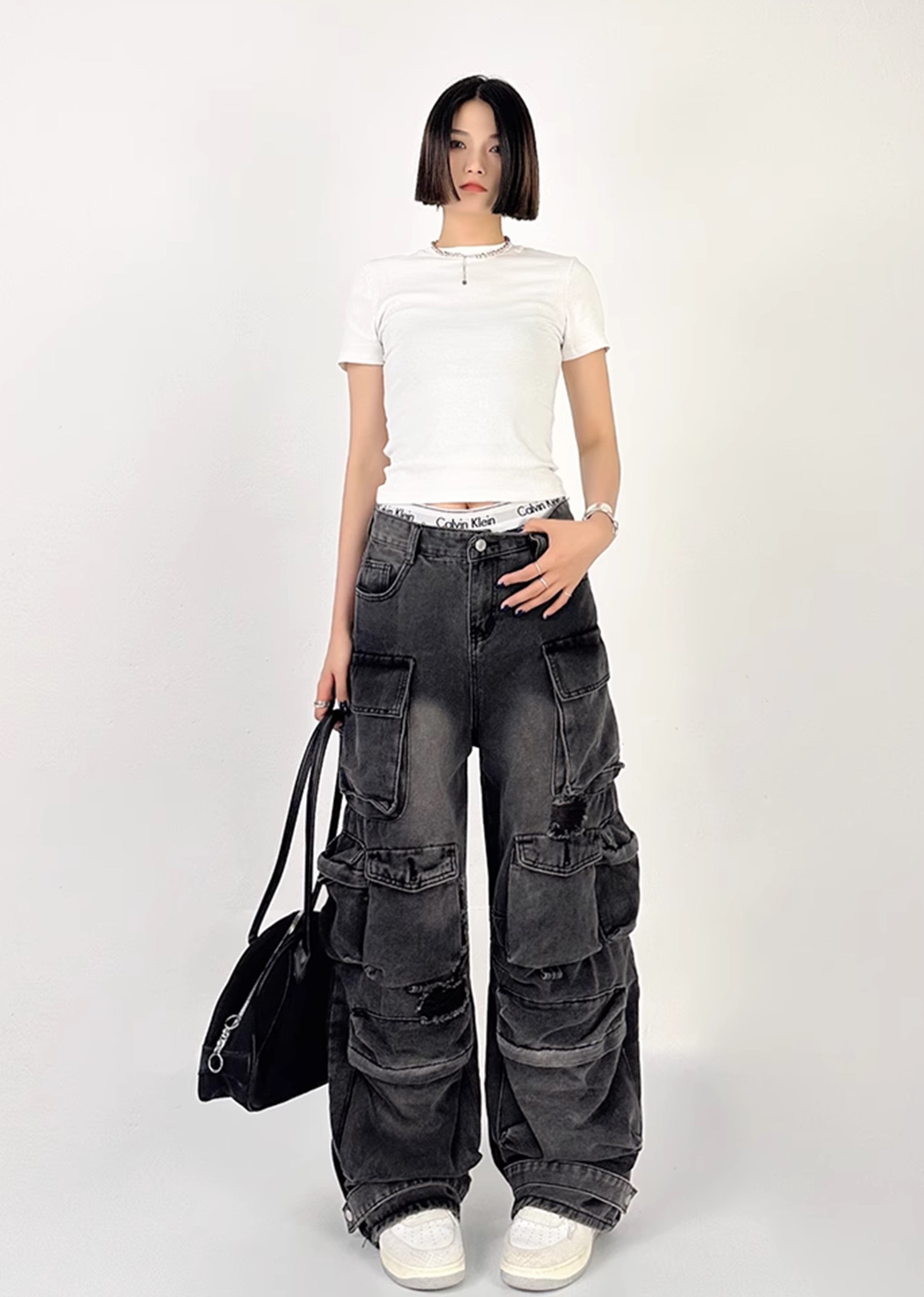 [4/29 New] Countless pocket design dull color wide bold denim pants HL3040