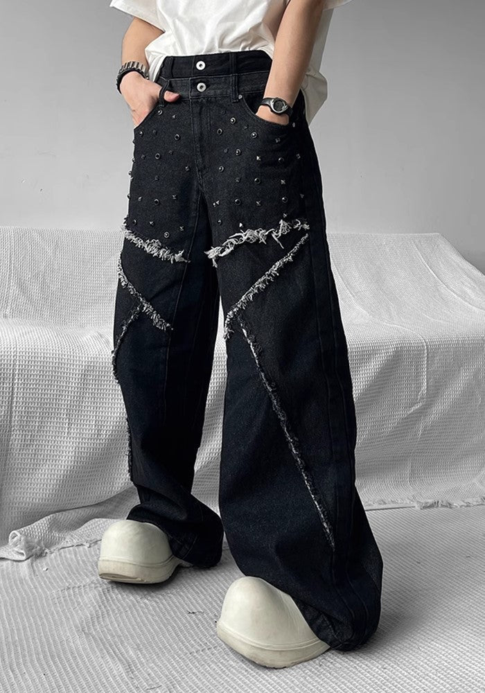 【SHUNP】Fringe patch multi-design wide over denim pants  SP0005