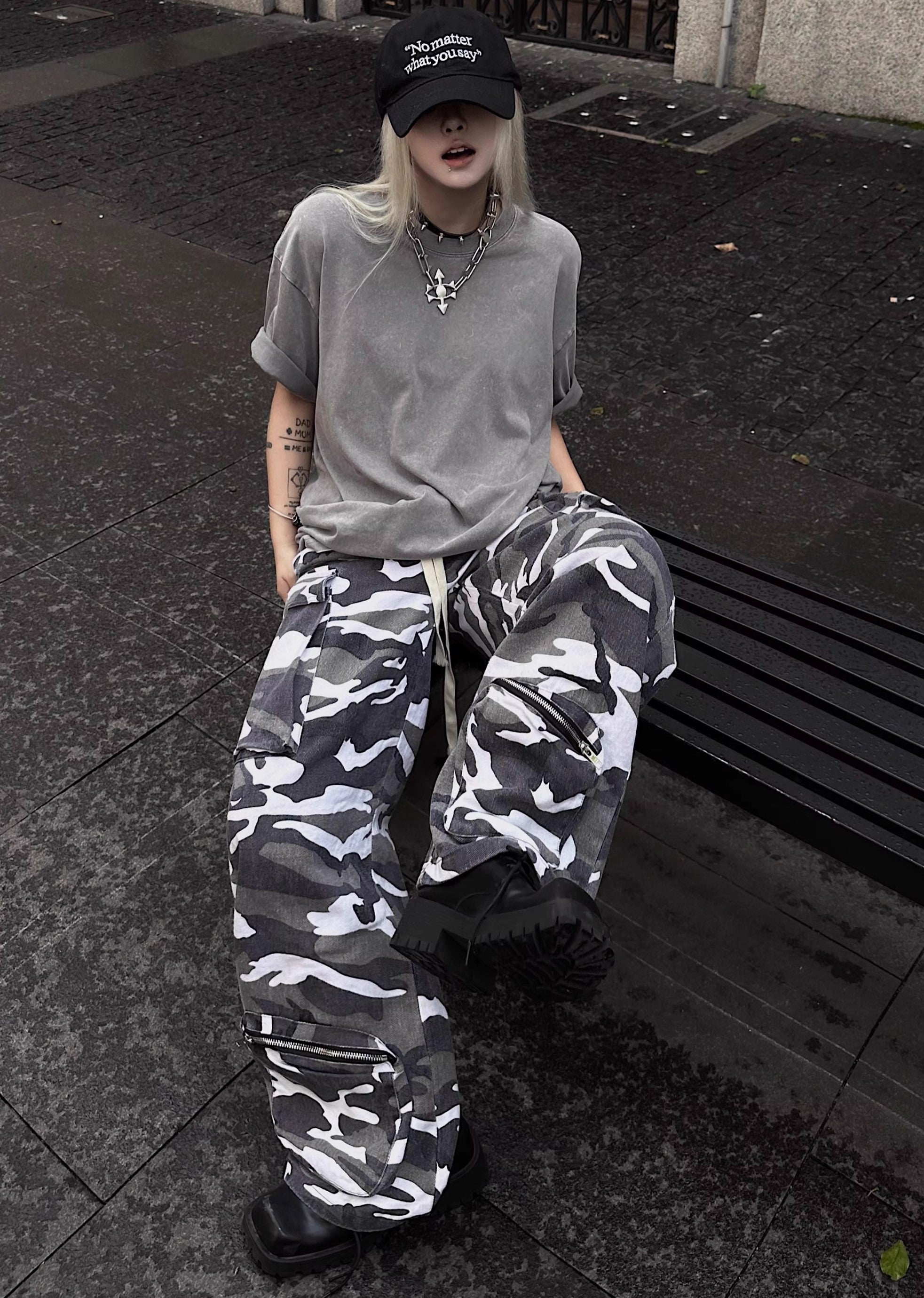 【TR BRUSHSHIFT】Random camouflage design wide silhouette cargo pants  TB0043