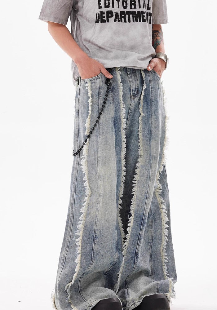 【BTSG】Fringe full design distressed broken dull blue denim pants  BS0023