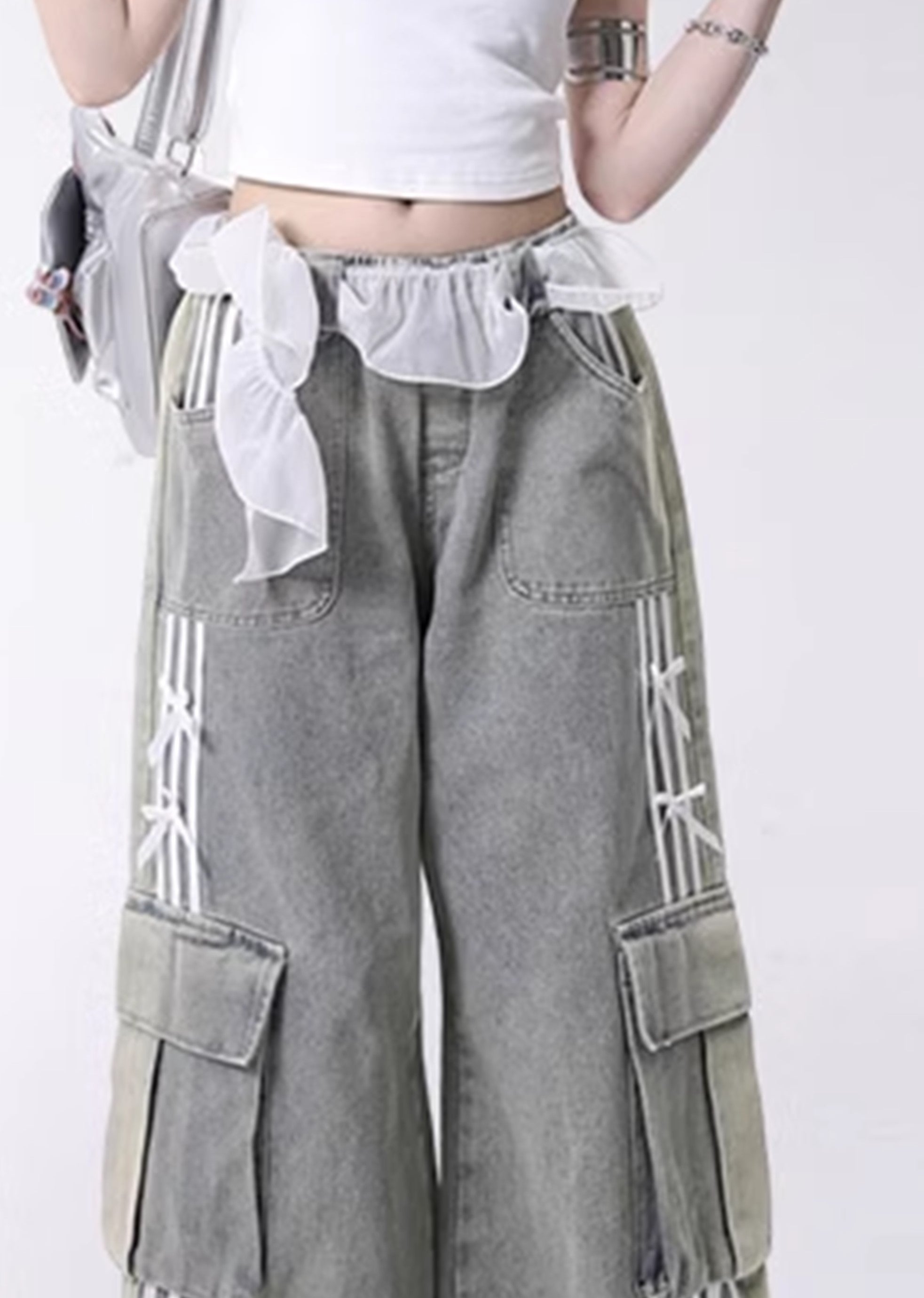 【Rayohopp】Waist frill gimmick line cargo sweat pants  RH0122