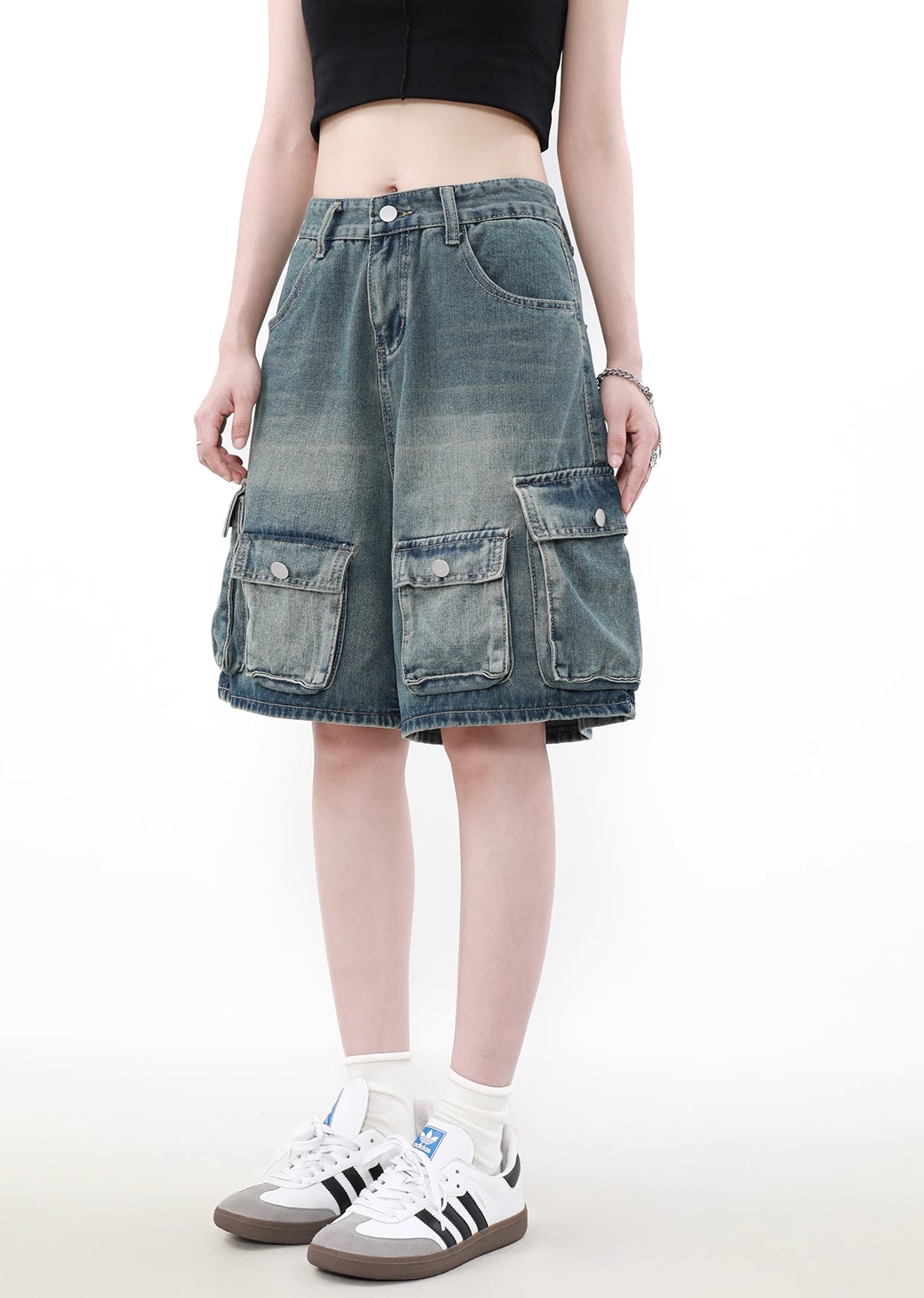 【MR nearly】Double pocket dull blue design short denim pants  MR0102