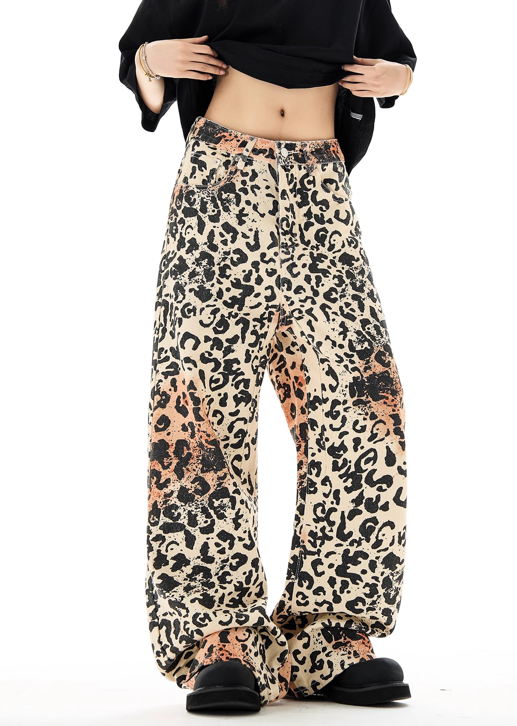 [H GANG X] Random wash animal print design wide pants HX0054