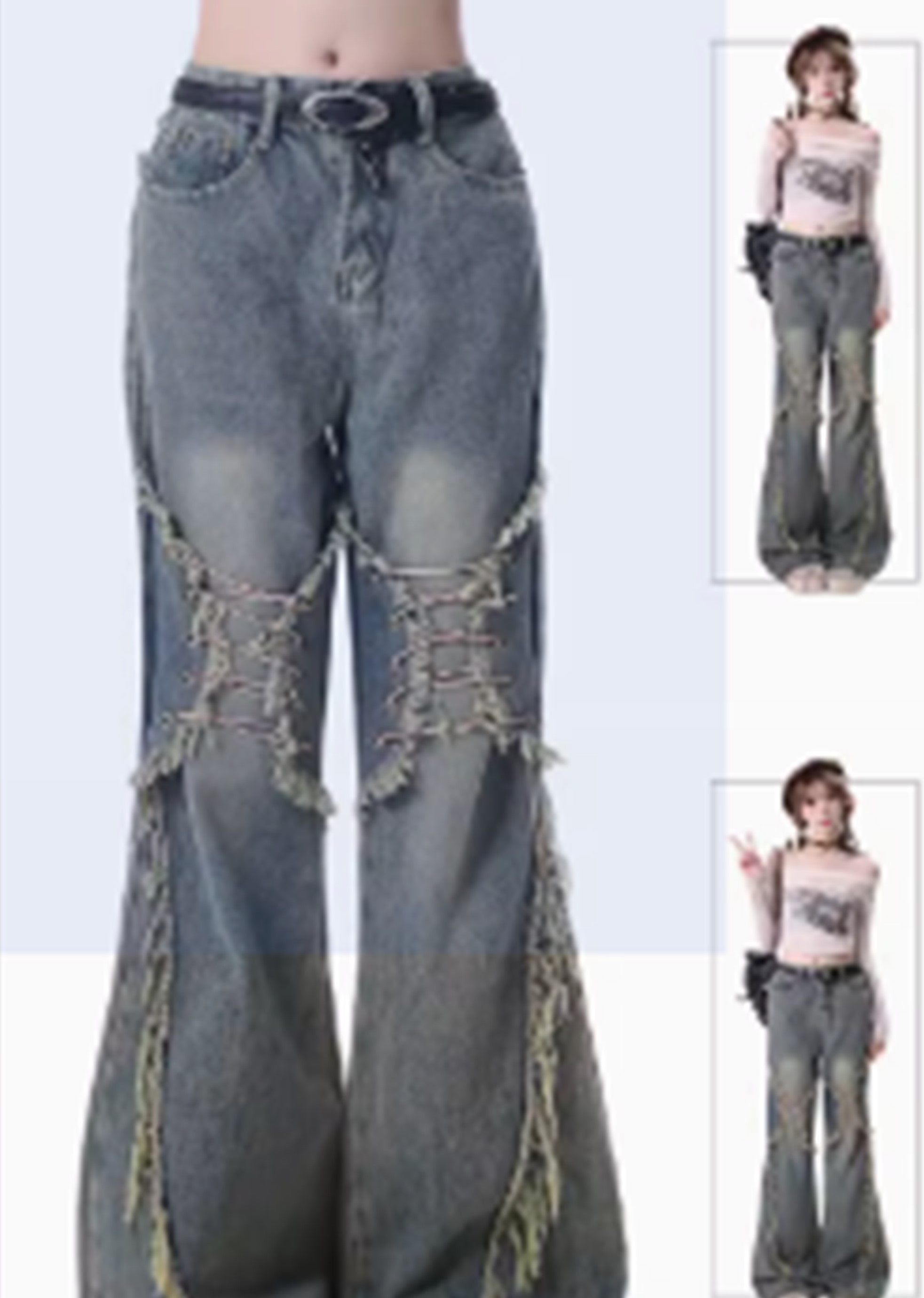 【Rayohopp】Knee fringe shopper design flared denim pants  RH0118