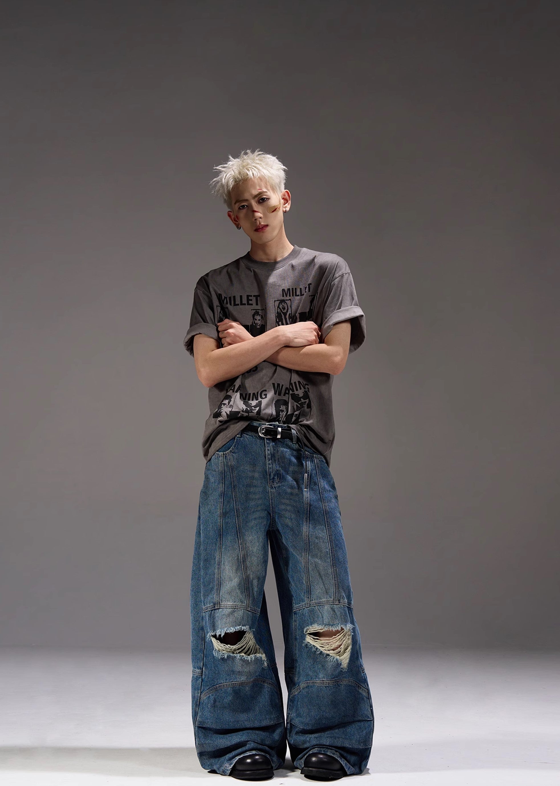 【MAXDSTR】Mid-length distressed dull blue wide denim pants  MD0160