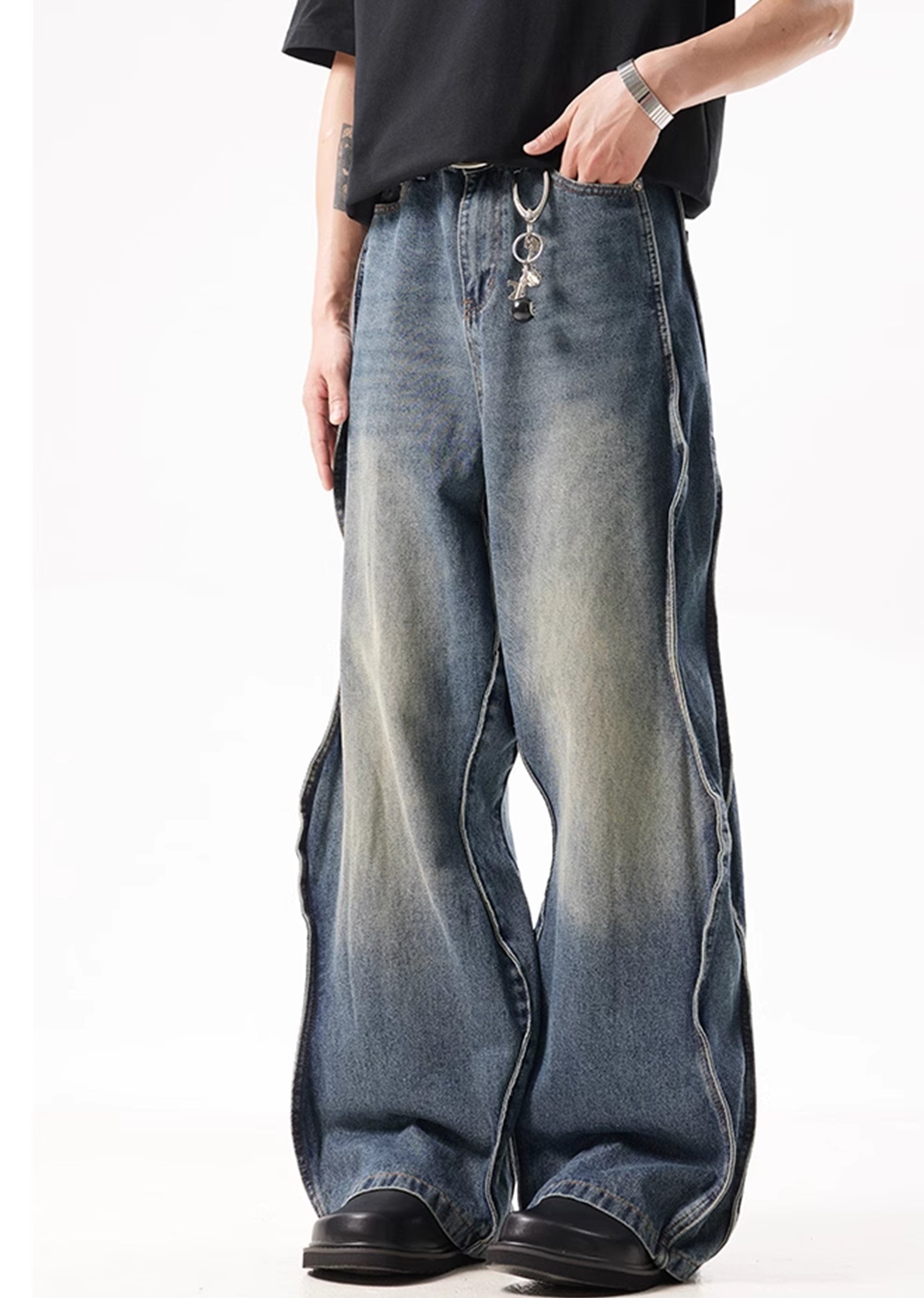 Unique side design line basic blue denim pants