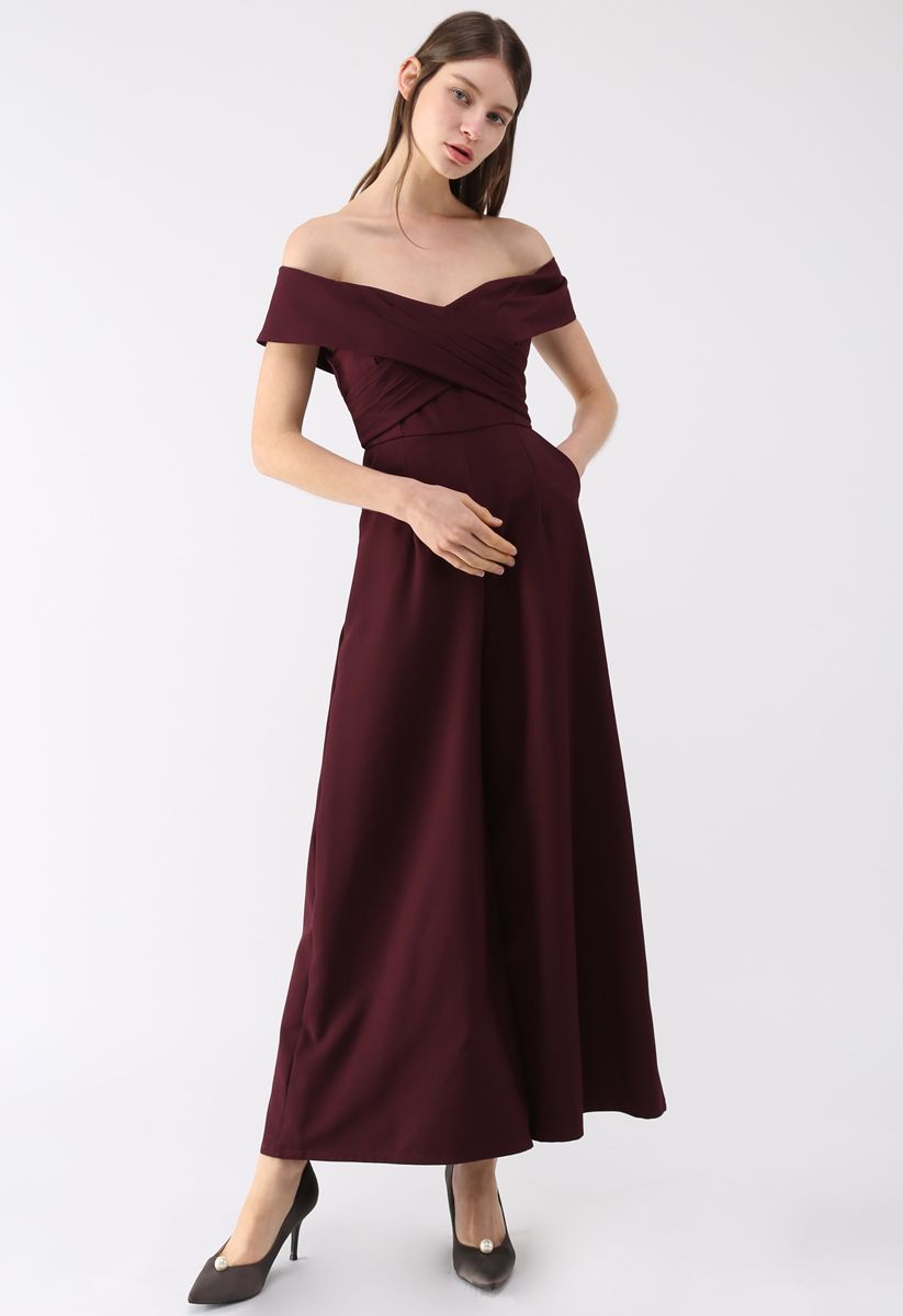 Eternal Sweet Cross Breast Off-Shoulder Jumpsuit In Wine