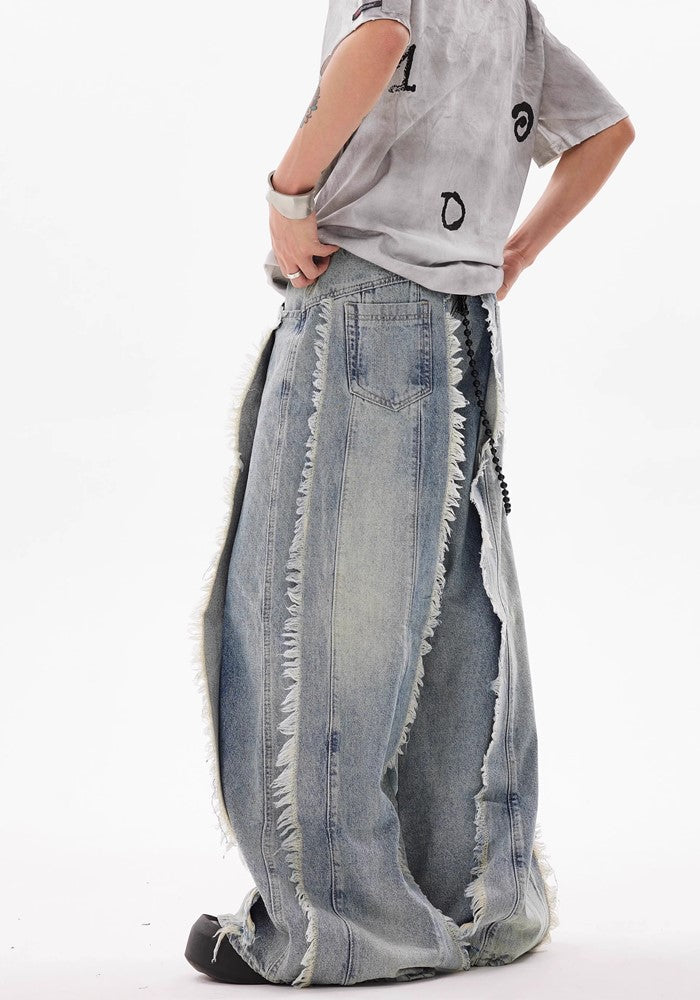 【BTSG】Fringe full design distressed broken dull blue denim pants  BS0023