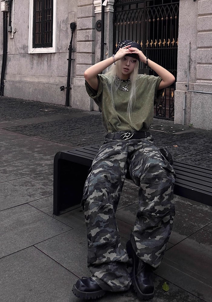 【TR BRUSHSHIFT】Simple camouflage design slim wide silhouette pants  TB0039