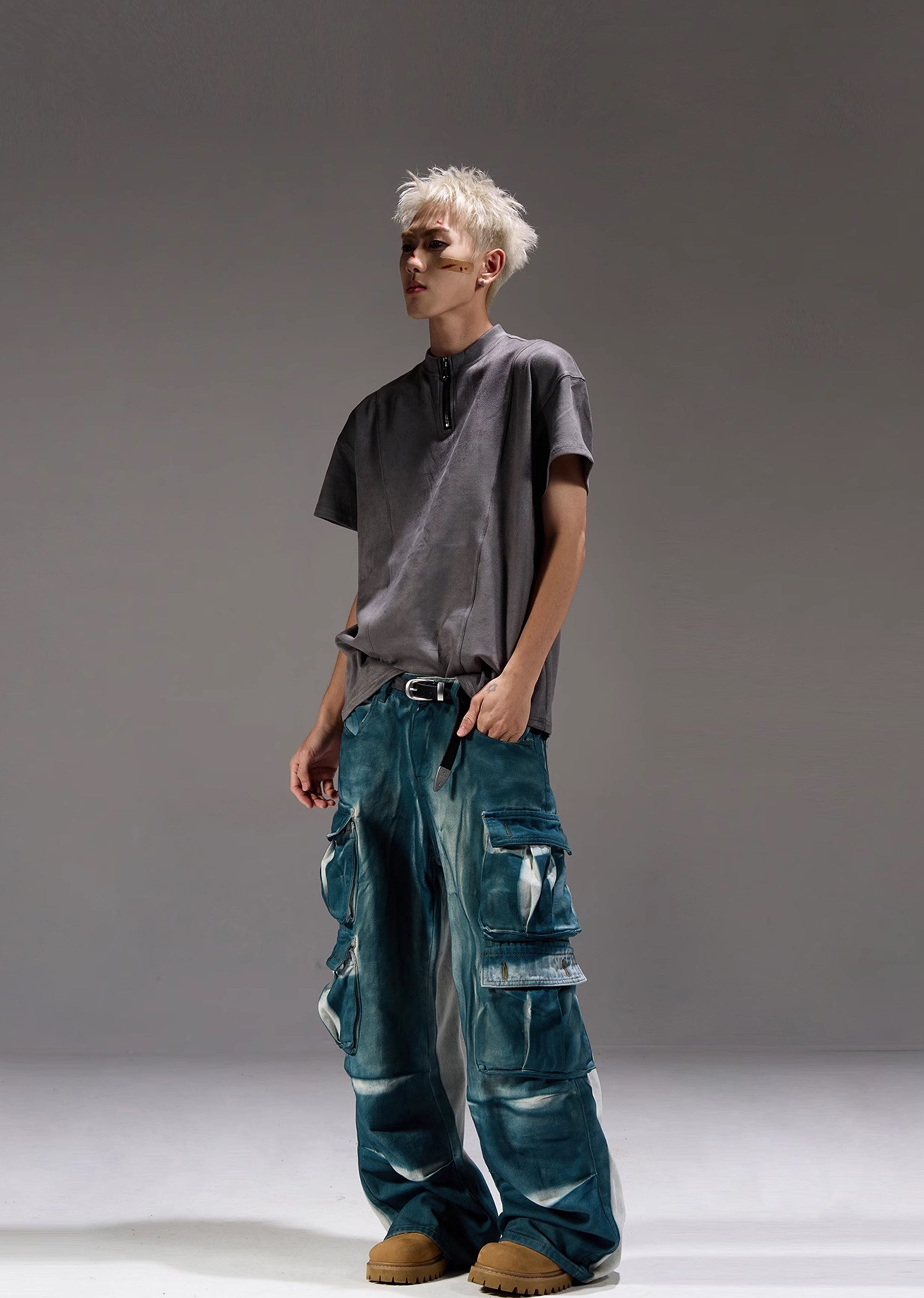 【MAXDSTR】Glossy gimmick fabric glossy design cargo denim pants  MD0162