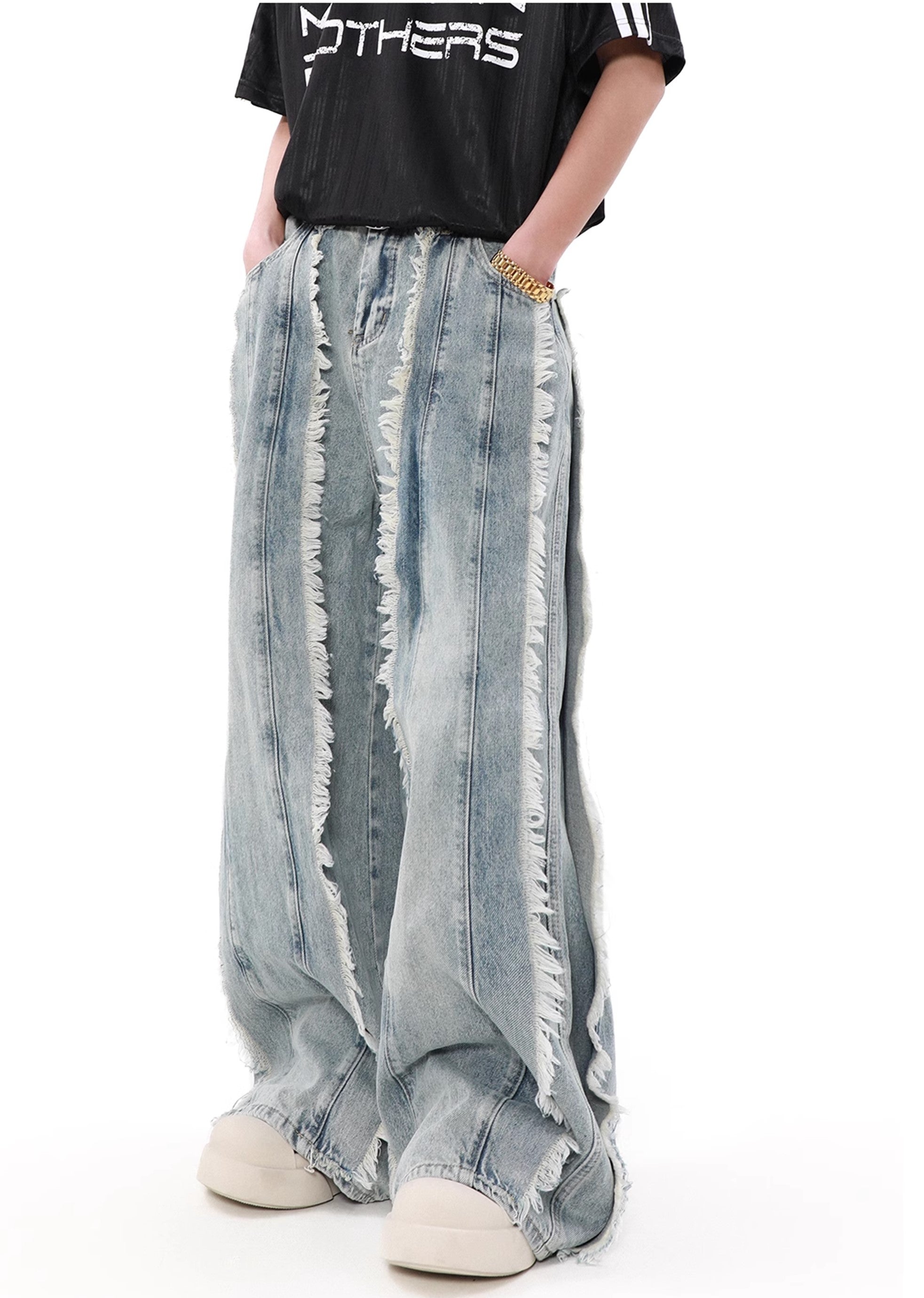 【MR nearly】Full fringe design wide vintage denim pants  MR0109