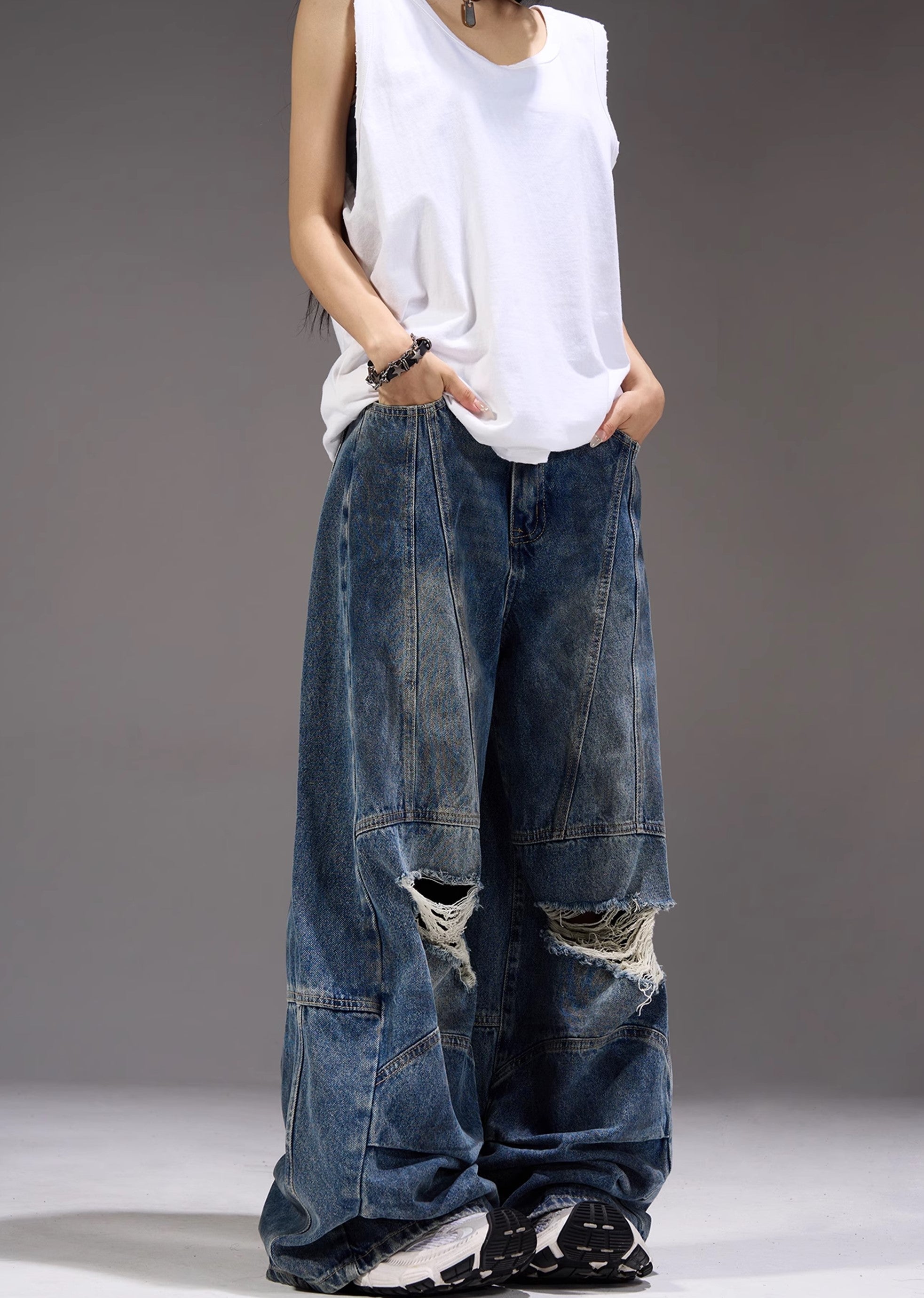 【MAXDSTR】Dull knee damage processing mid-light wide straight denim pants  MD0155