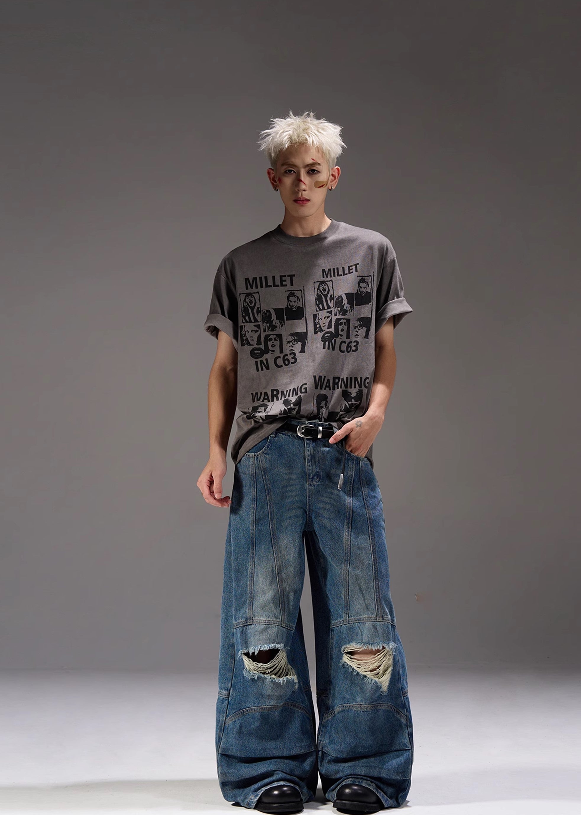 【MAXDSTR】Mid-length distressed dull blue wide denim pants  MD0160