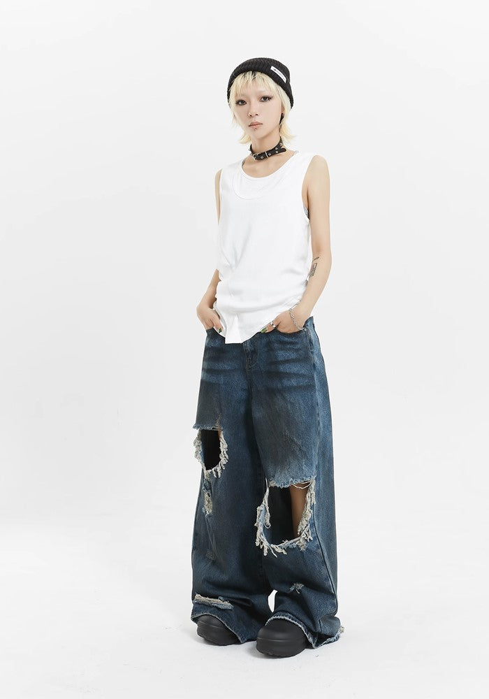 【MICHINNYON】Mid-length distressed navy denim wide pants  MY0004