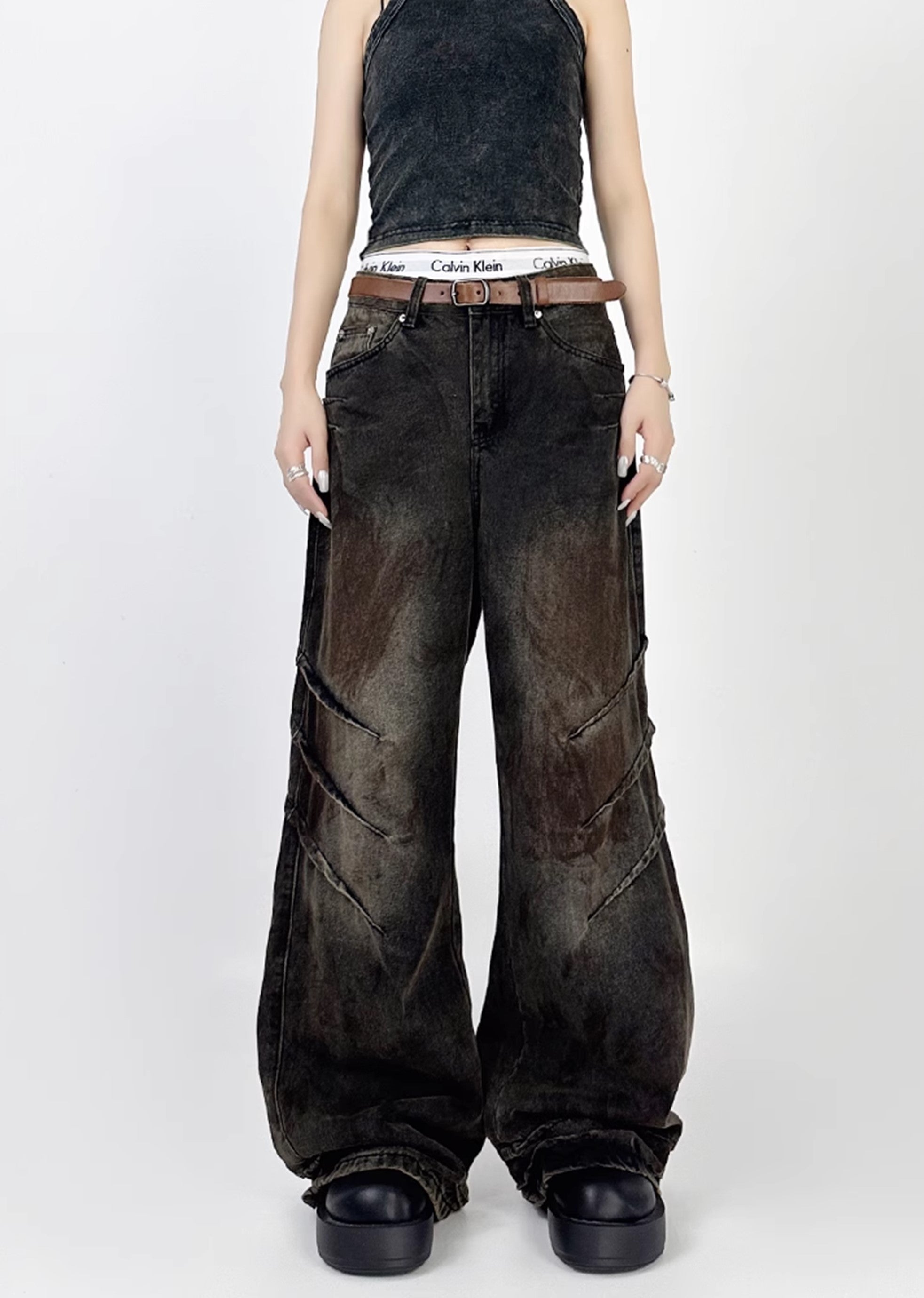 [4/29 New] Double claw mark design grunge rust color wide denim pants HL3039