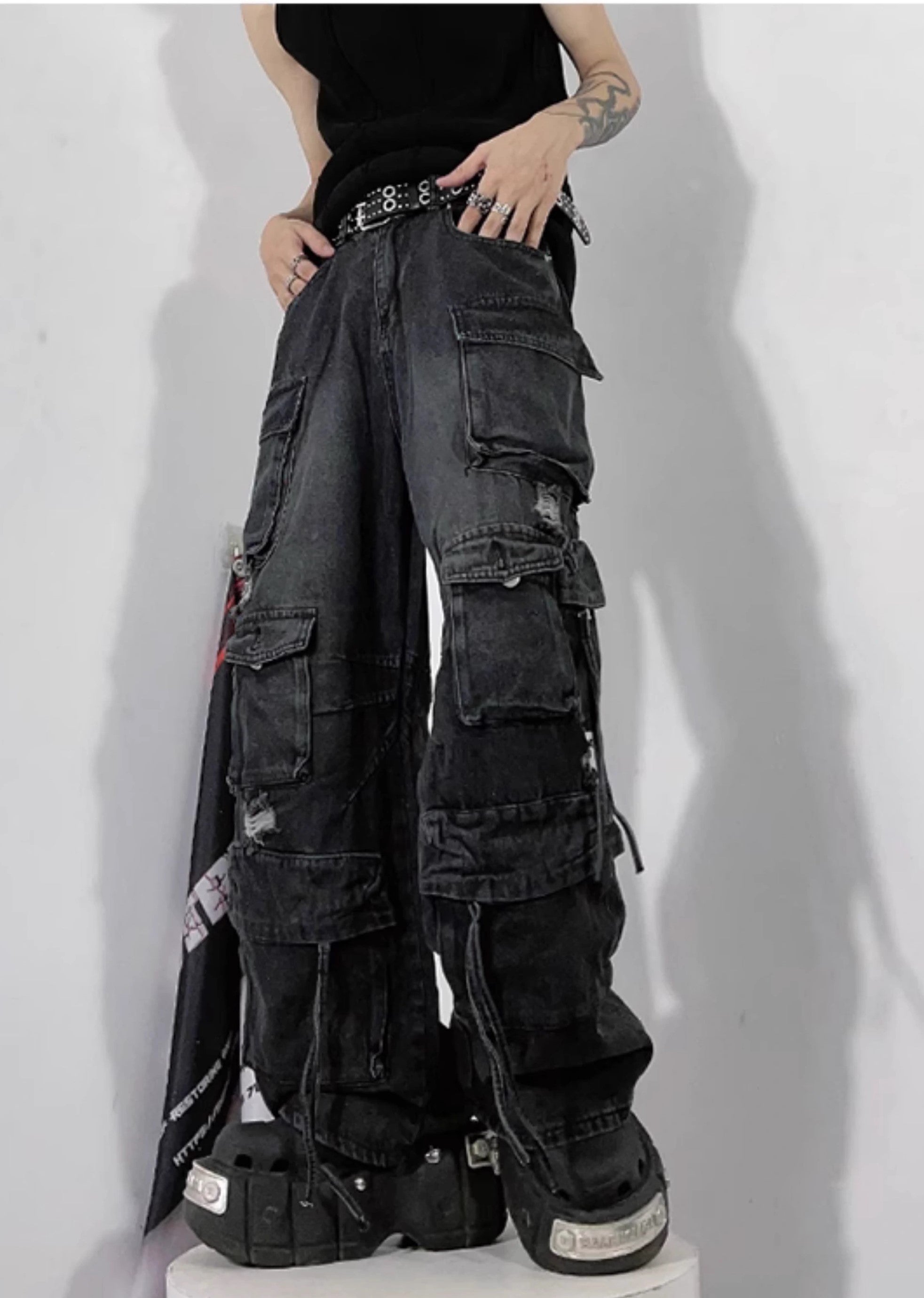 [76street] Countless pocket design dull vintage cargo rise denim pants ST0005