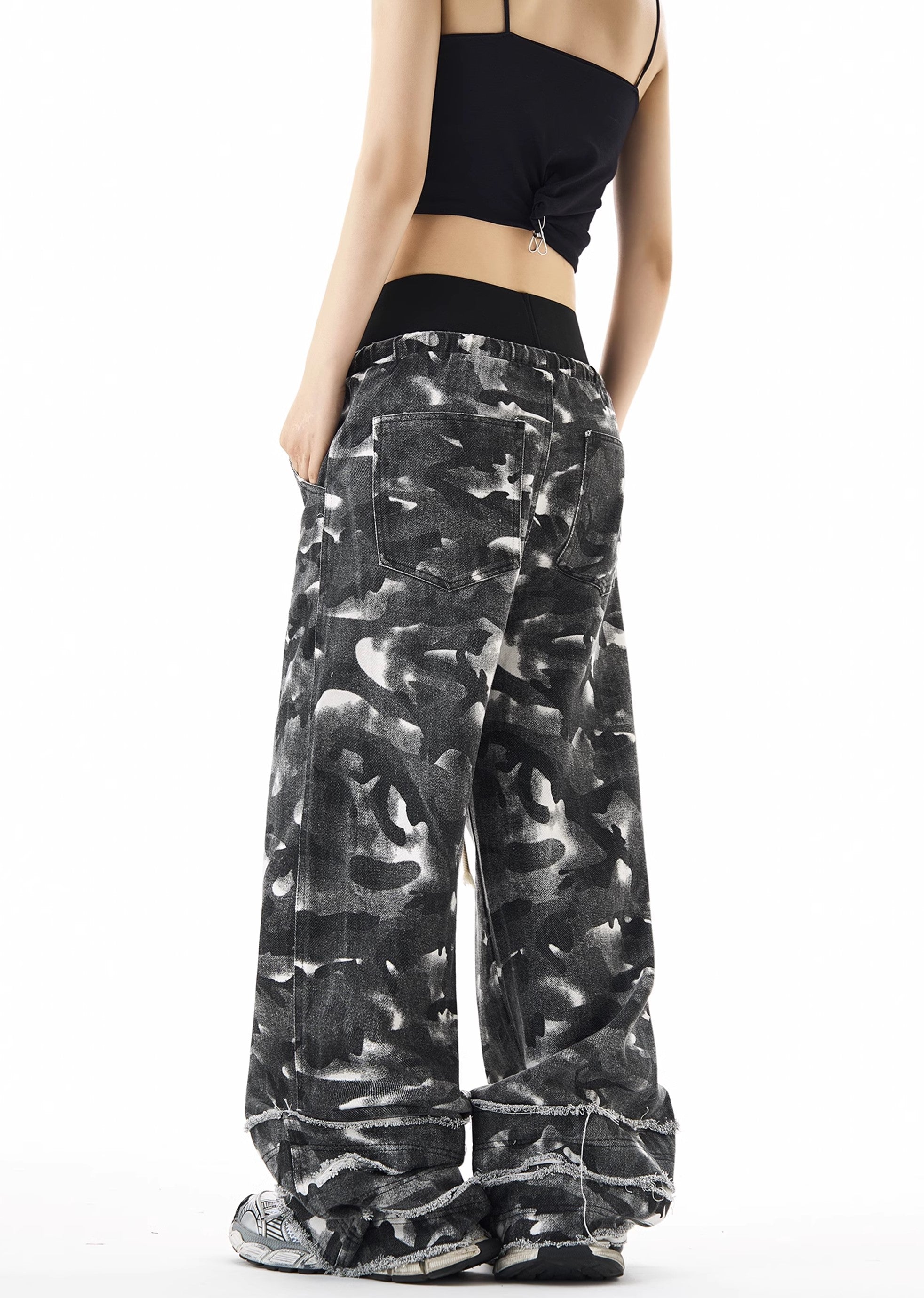 [H GANG X] Random black camouflage pattern wide silhouette pants HX0039