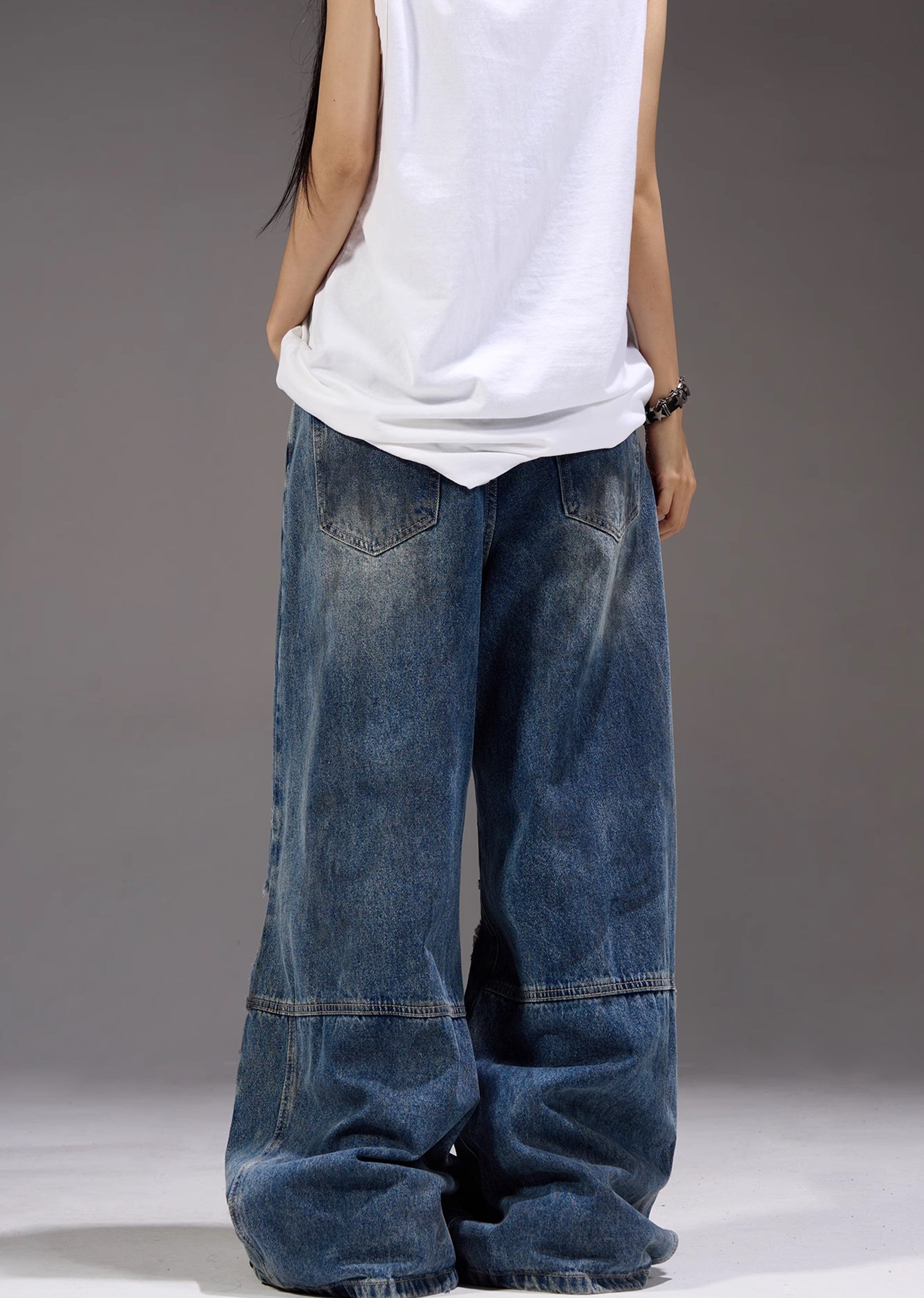 【MAXDSTR】Dull knee damage processing mid-light wide straight denim pants  MD0155