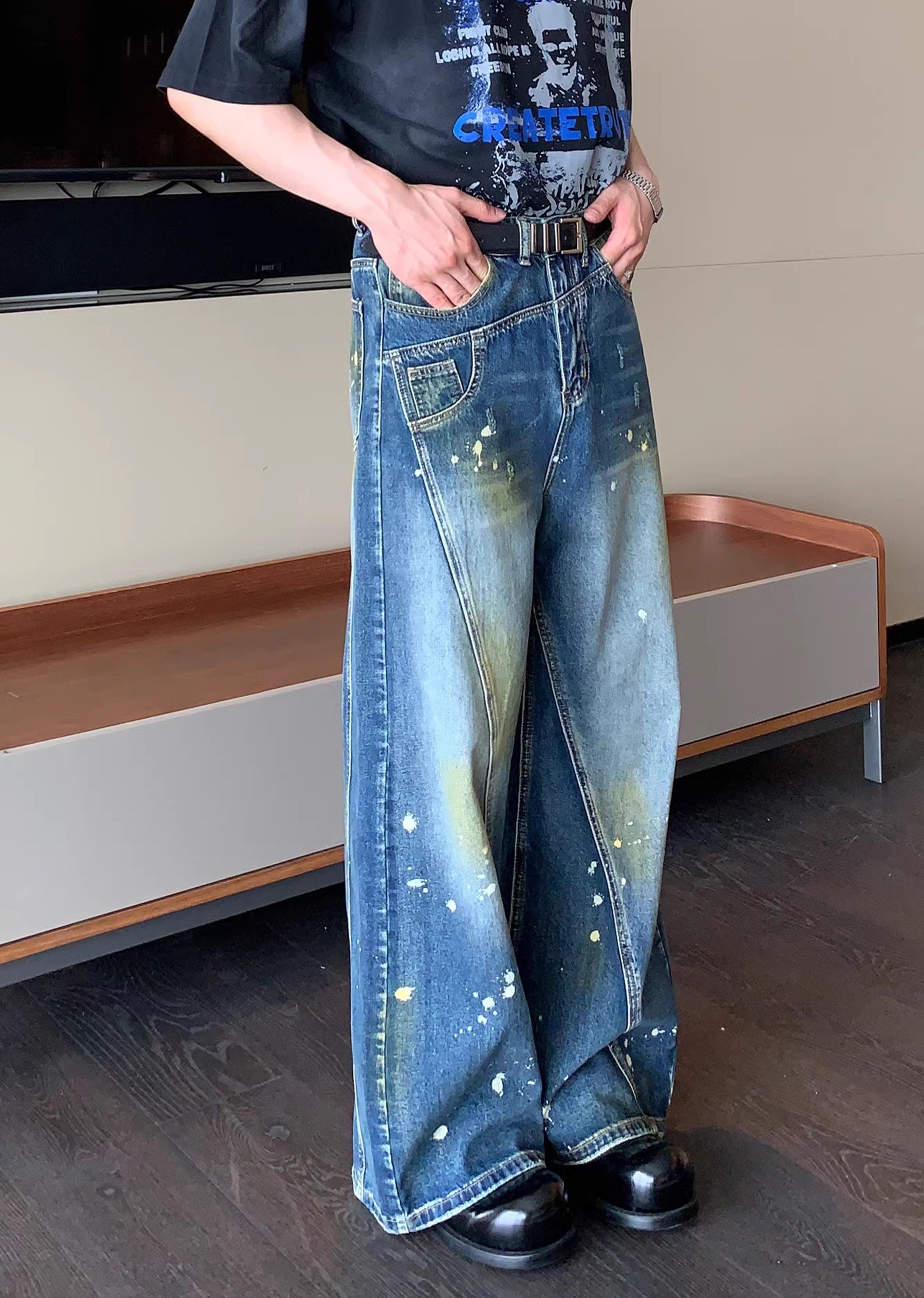 【CUIBUJU】Casually painted design wide blue basic denim pants  CB0047