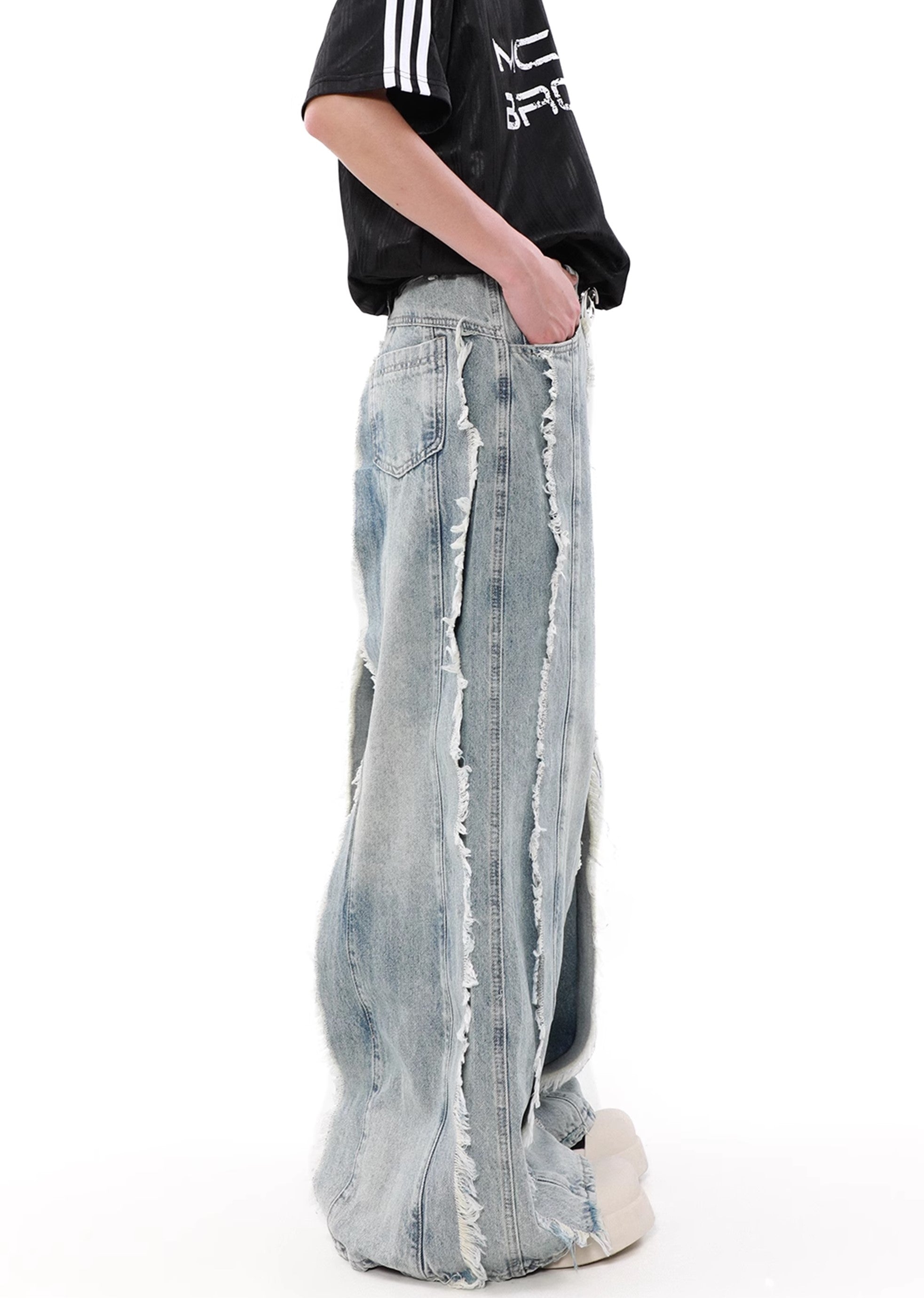 【MR nearly】Full fringe design wide vintage denim pants  MR0109