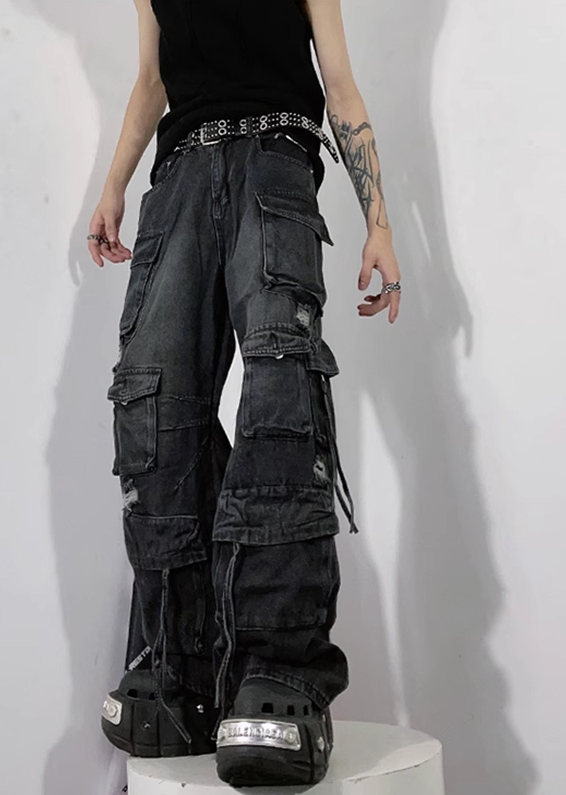 [76street] Countless pocket design dull vintage cargo rise denim pants ST0005