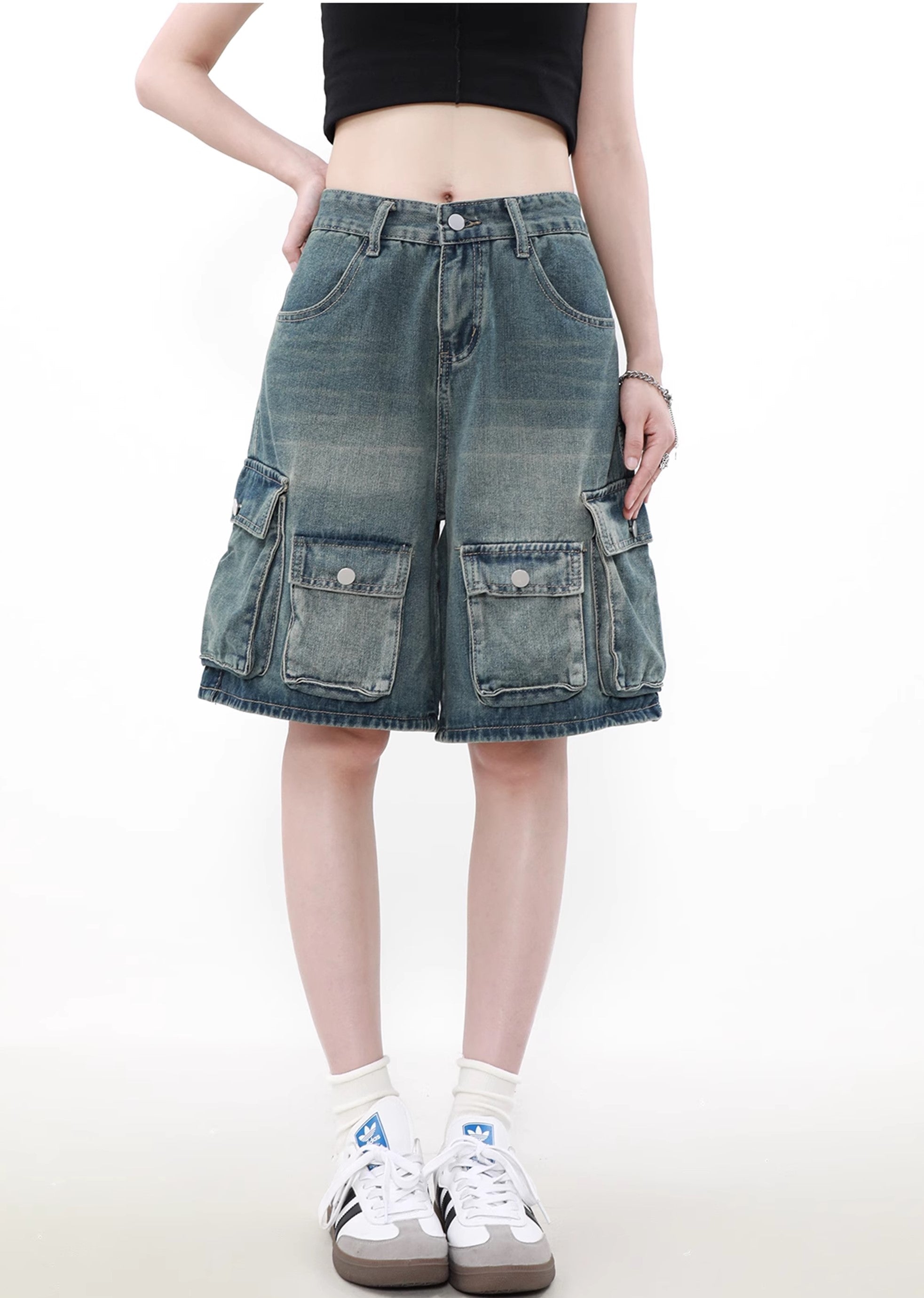 【MR nearly】Double pocket dull blue design short denim pants  MR0102