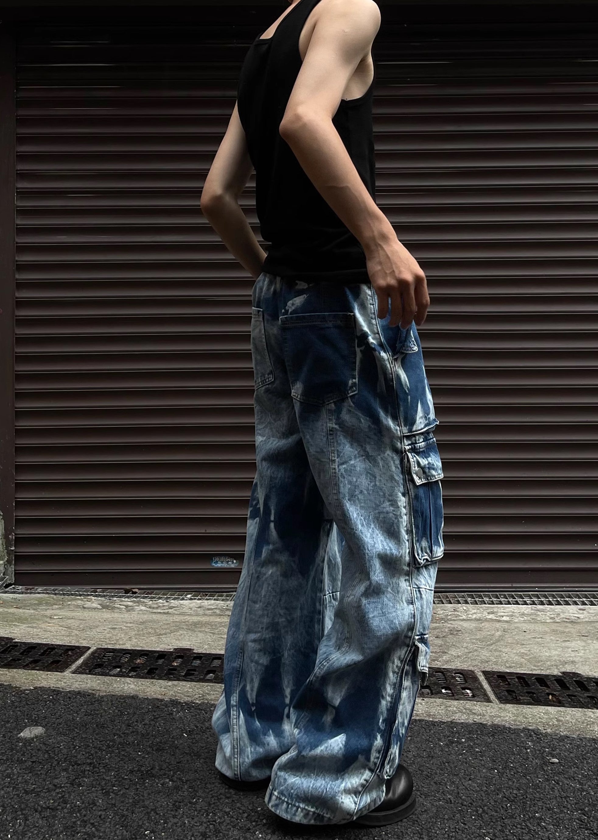 Random wash processing gimmick design blue denim pants