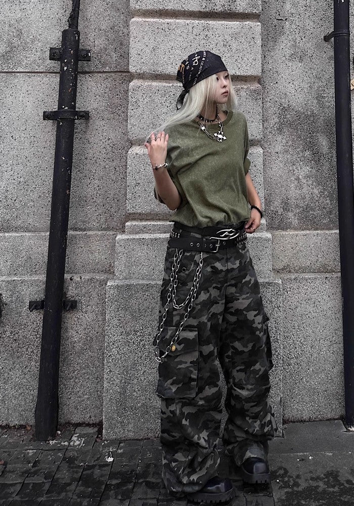 【TR BRUSHSHIFT】Simple camouflage design slim wide silhouette pants  TB0039